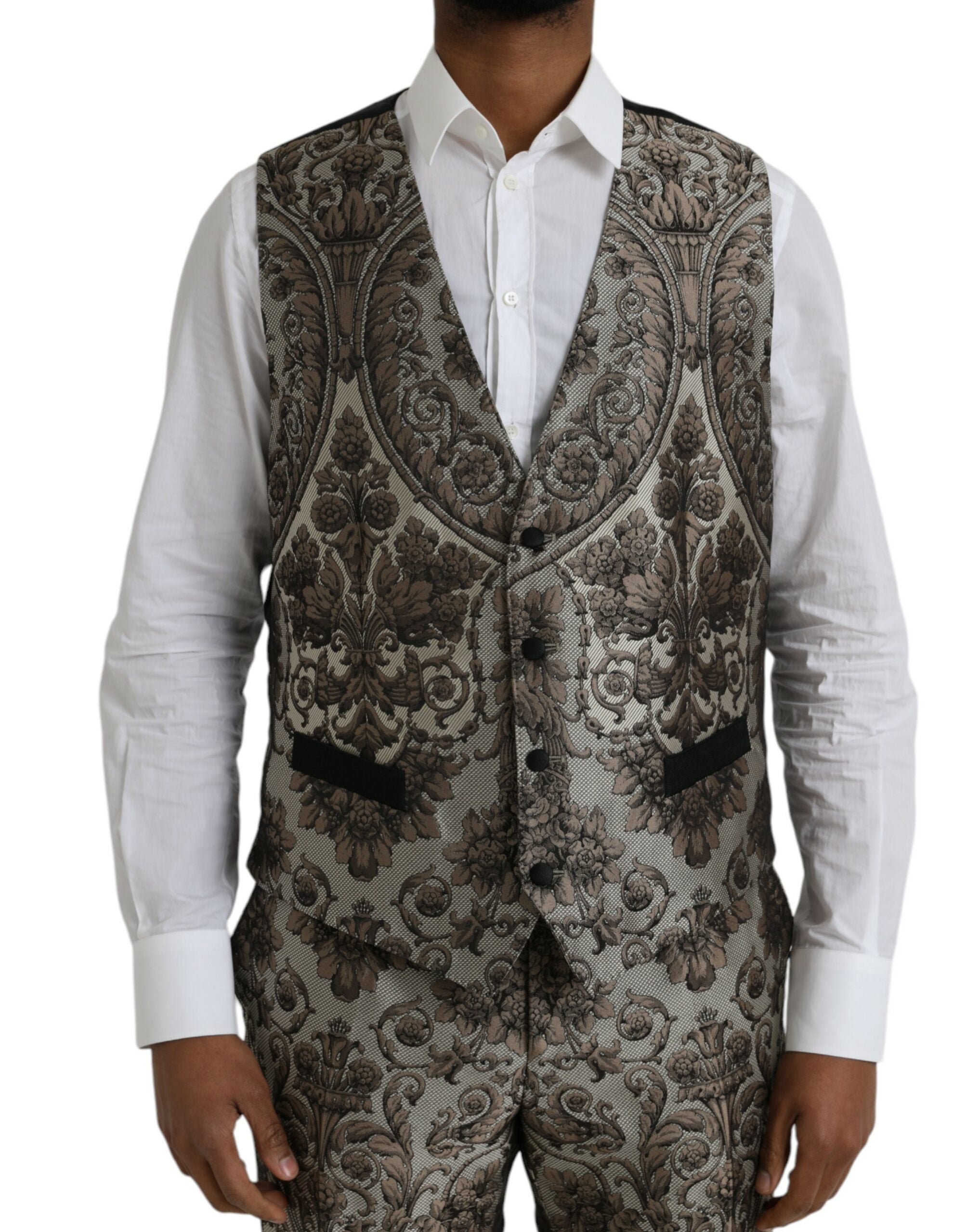 Bruin bloemenjacquard formeel 3-delig pak