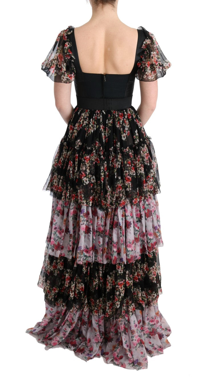 Multicolor zijden stretch bloemen shift lange jurk
