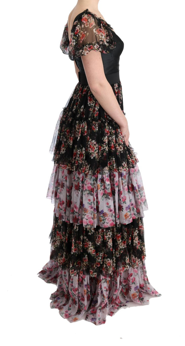 Multicolor zijden stretch bloemen shift lange jurk
