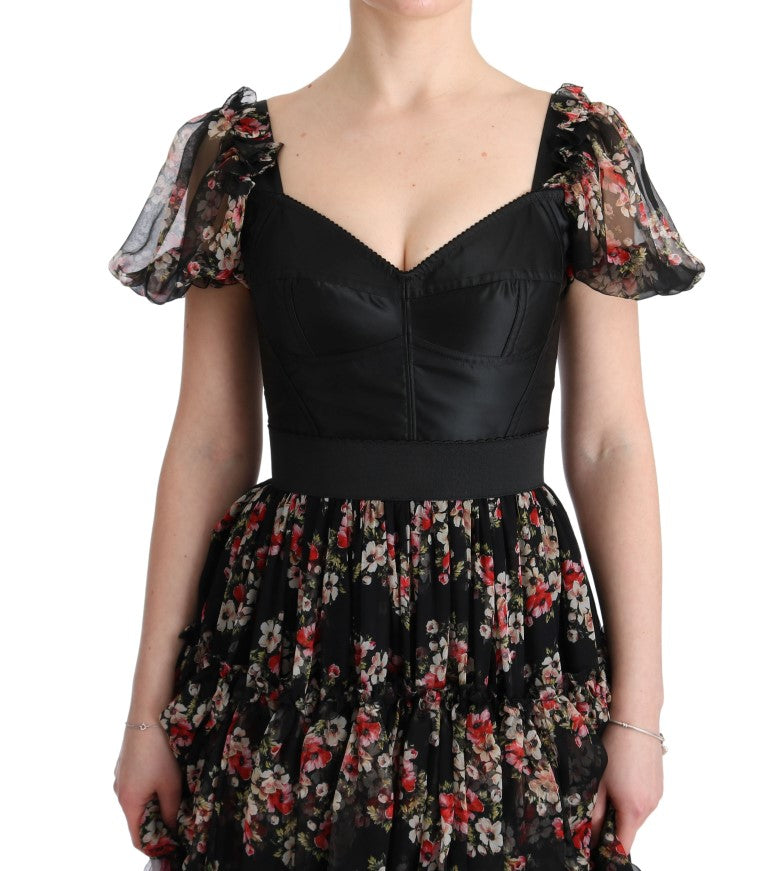 Multicolor zijden stretch bloemen shift lange jurk