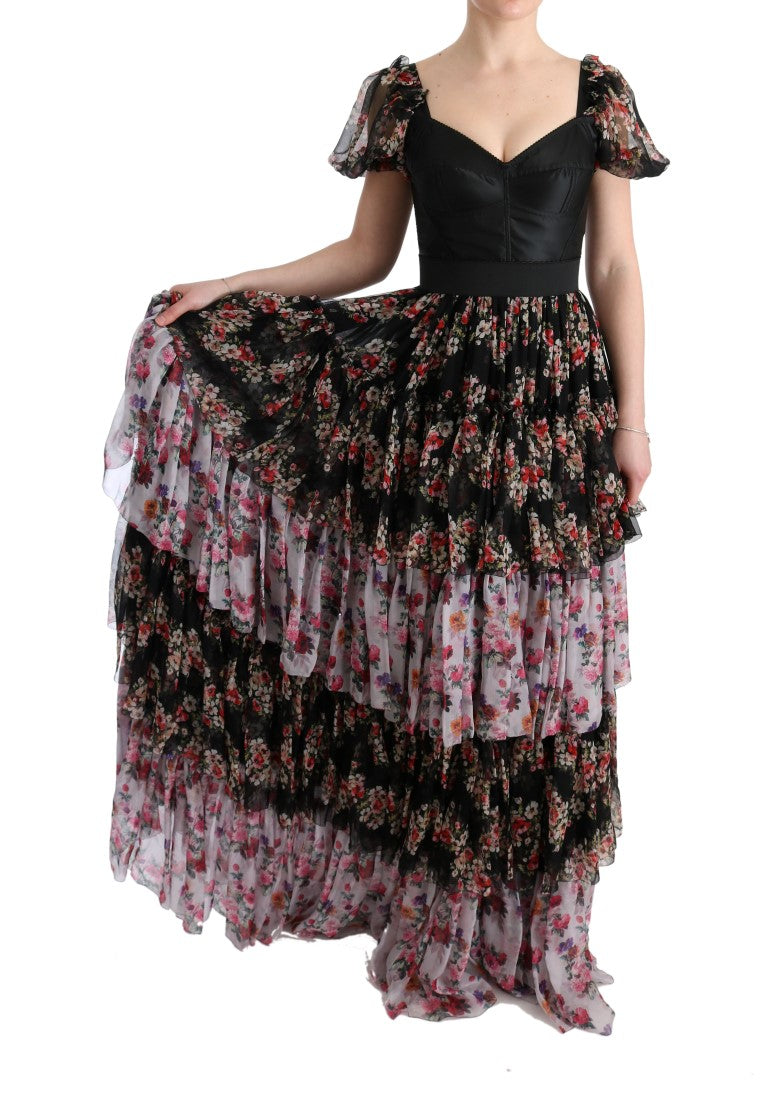 Multicolor zijden stretch bloemen shift lange jurk