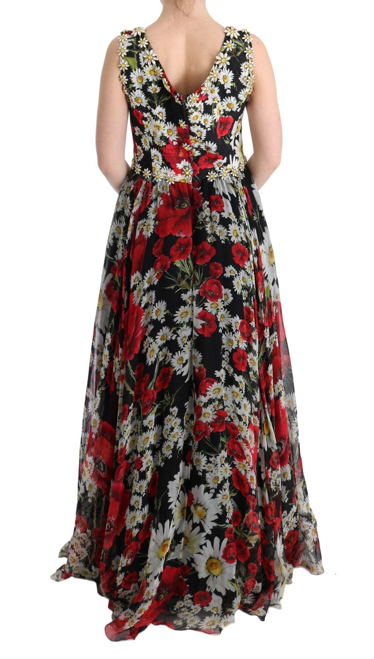 Multicolor zijden bloemenkristallen lange maxi-jurk