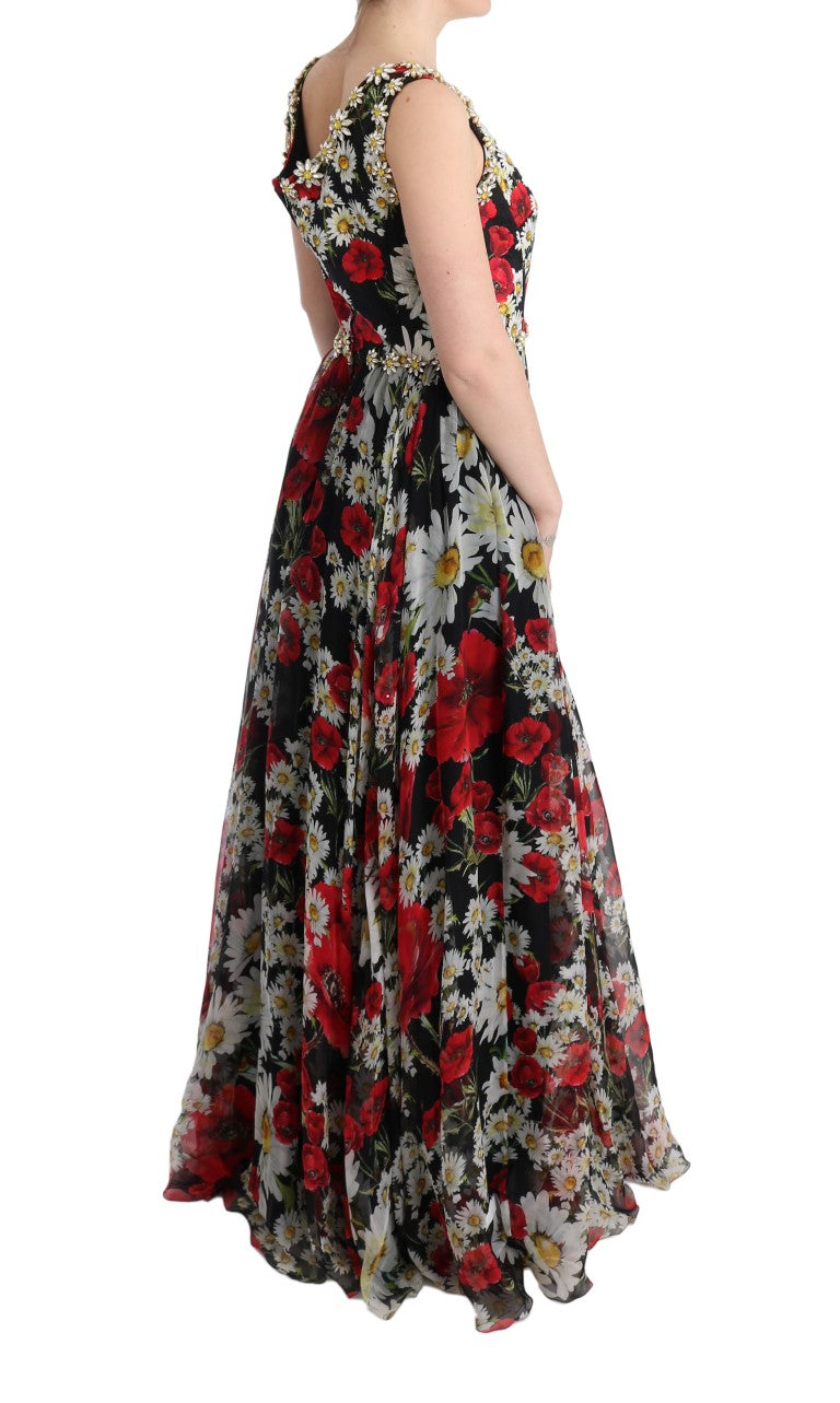 Multicolor zijden bloemenkristallen lange maxi-jurk