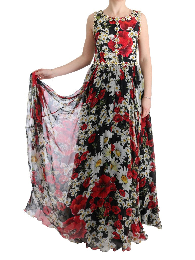 Multicolor zijden bloemenkristallen lange maxi-jurk