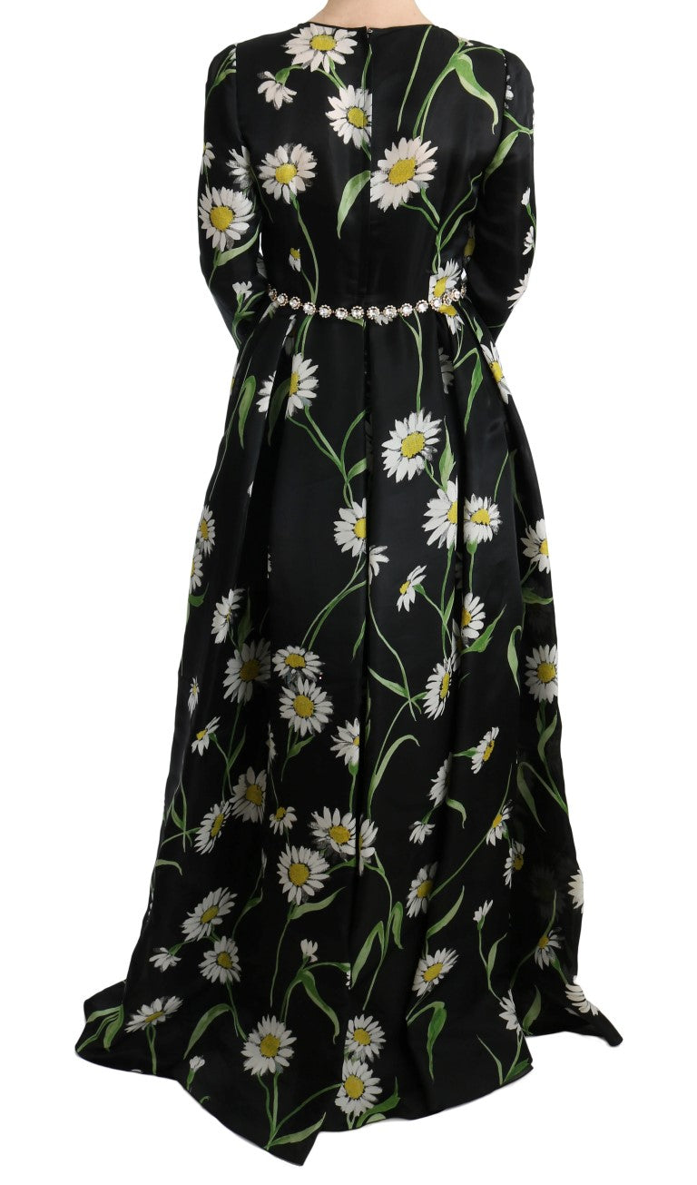 Multicolor zijden zonnebloemprint lange maxi-jurk