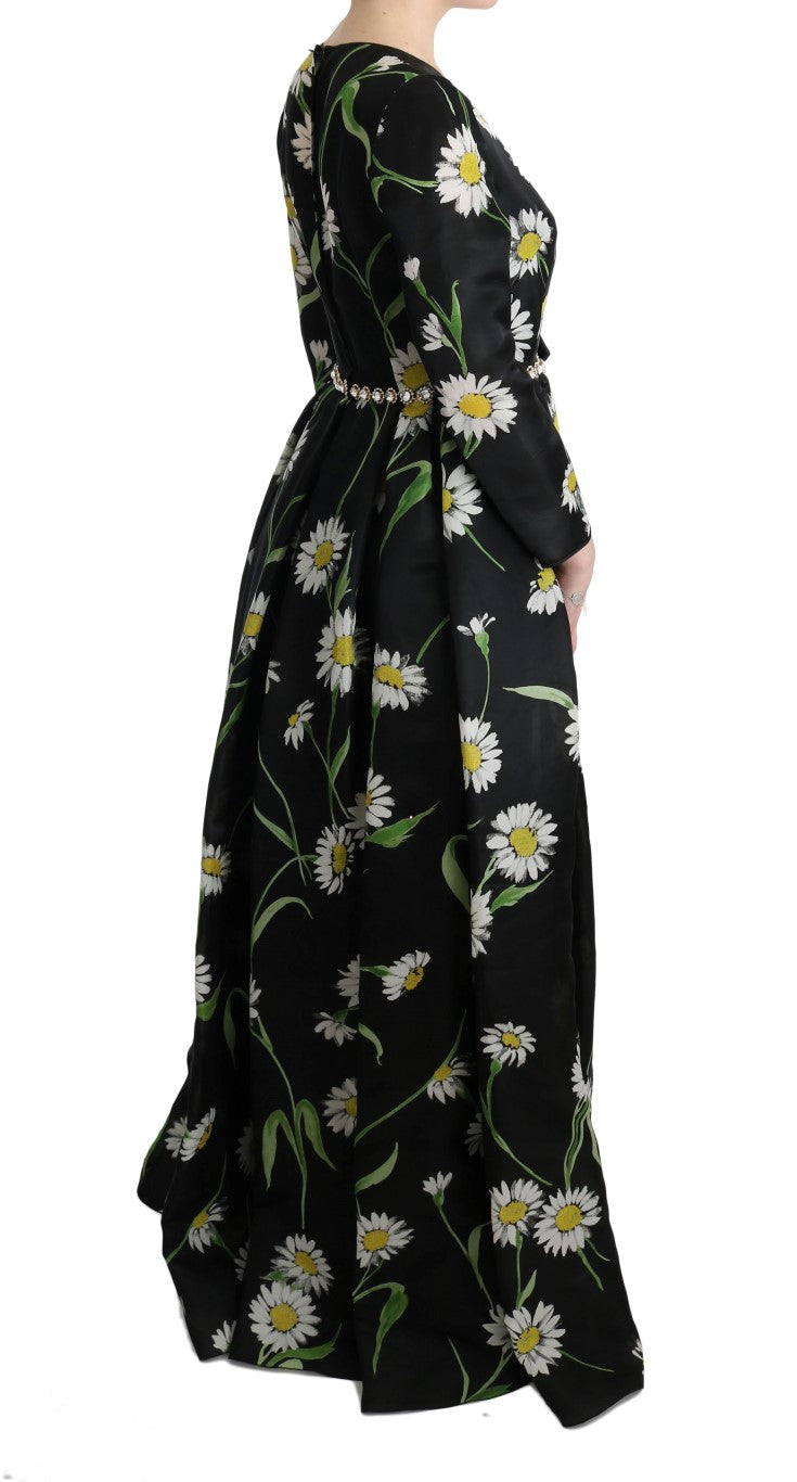Multicolor zijden zonnebloemprint lange maxi-jurk
