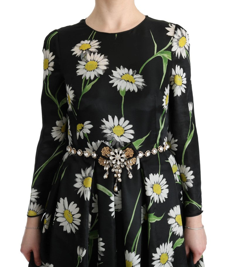 Multicolor zijden zonnebloemprint lange maxi-jurk
