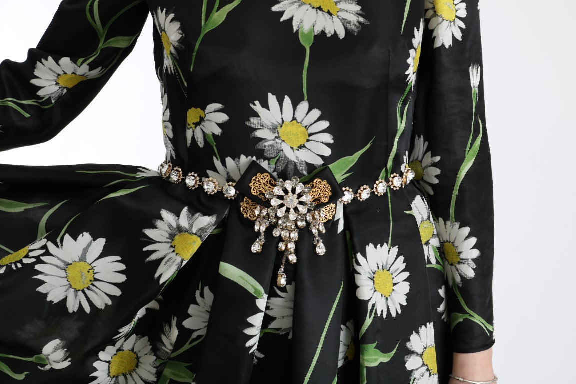 Multicolor zijden zonnebloemprint lange maxi-jurk