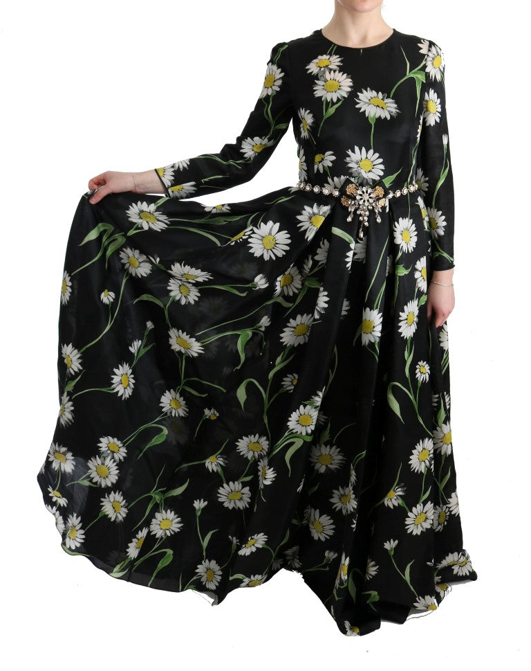 Multicolor zijden zonnebloemprint lange maxi-jurk