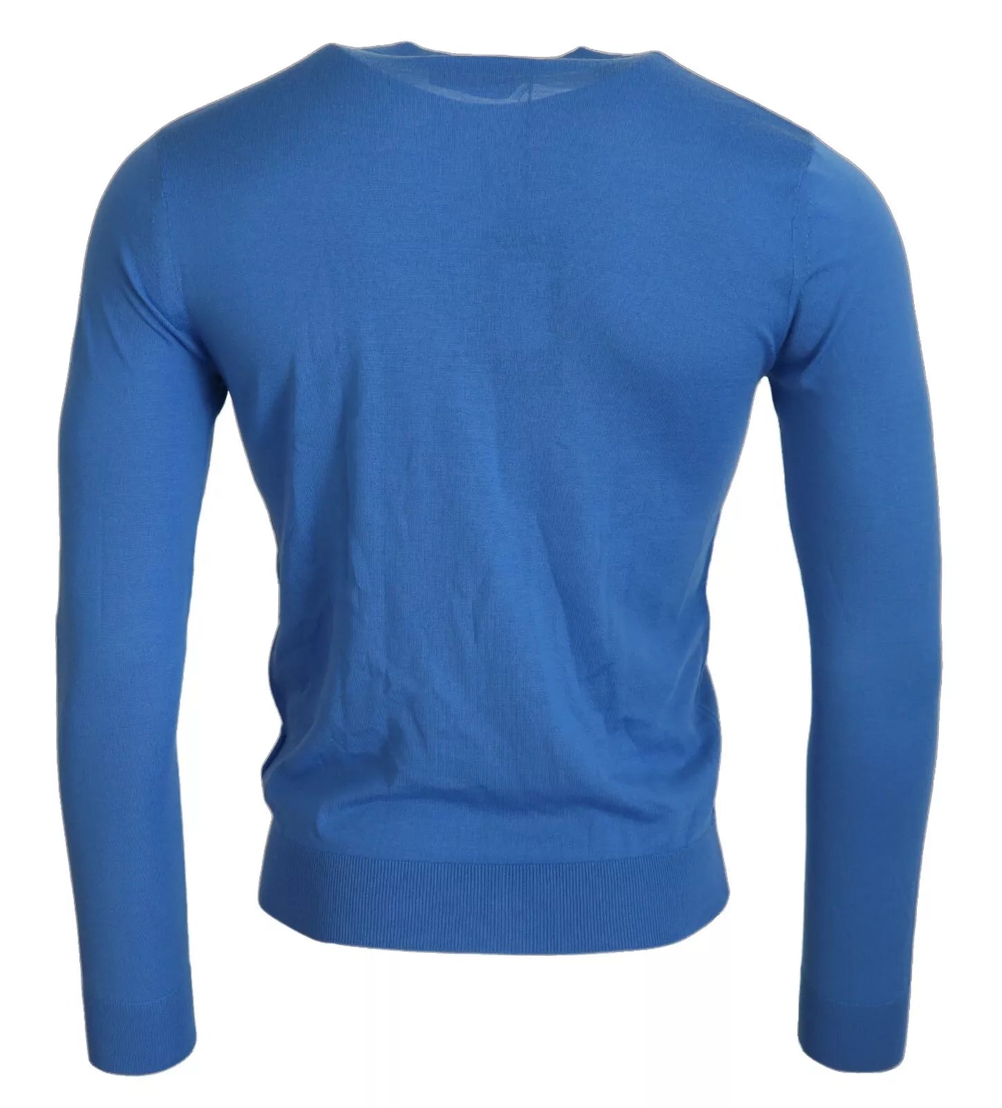 Blauwe wollen trui met lange mouwen en ronde hals