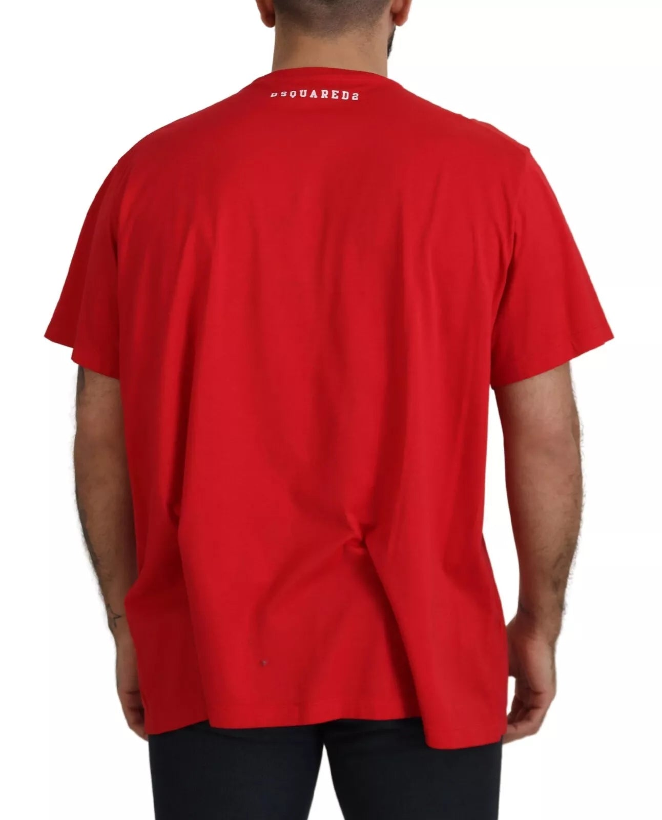 Rood bedrukt katoenen T-shirt met korte mouwen en ronde hals