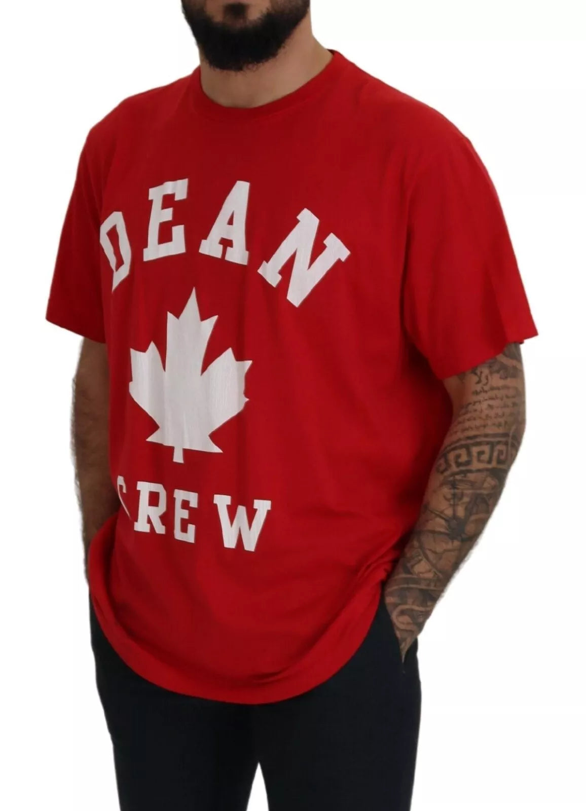 Rood bedrukt katoenen T-shirt met korte mouwen en ronde hals