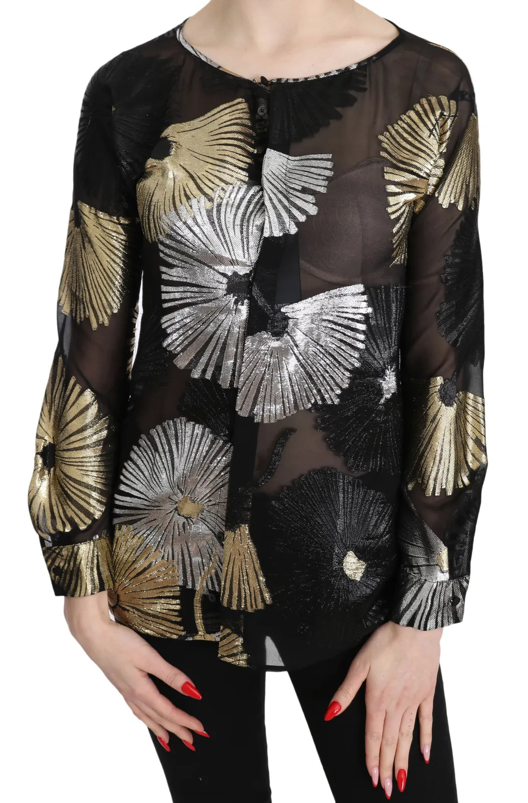 Goudkleurige, doorschijnende zijden jacquard blouse