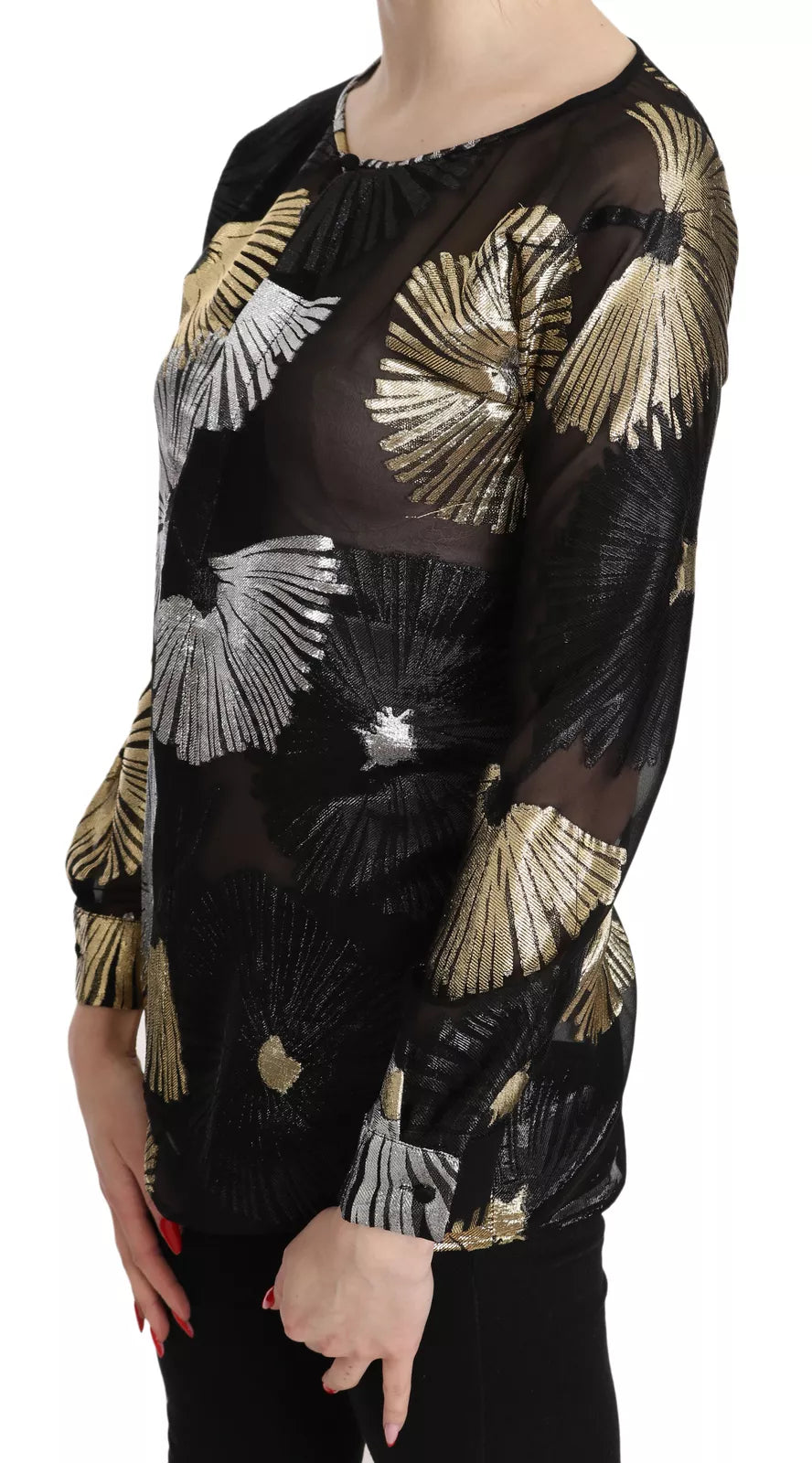 Goudkleurige, doorschijnende zijden jacquard blouse