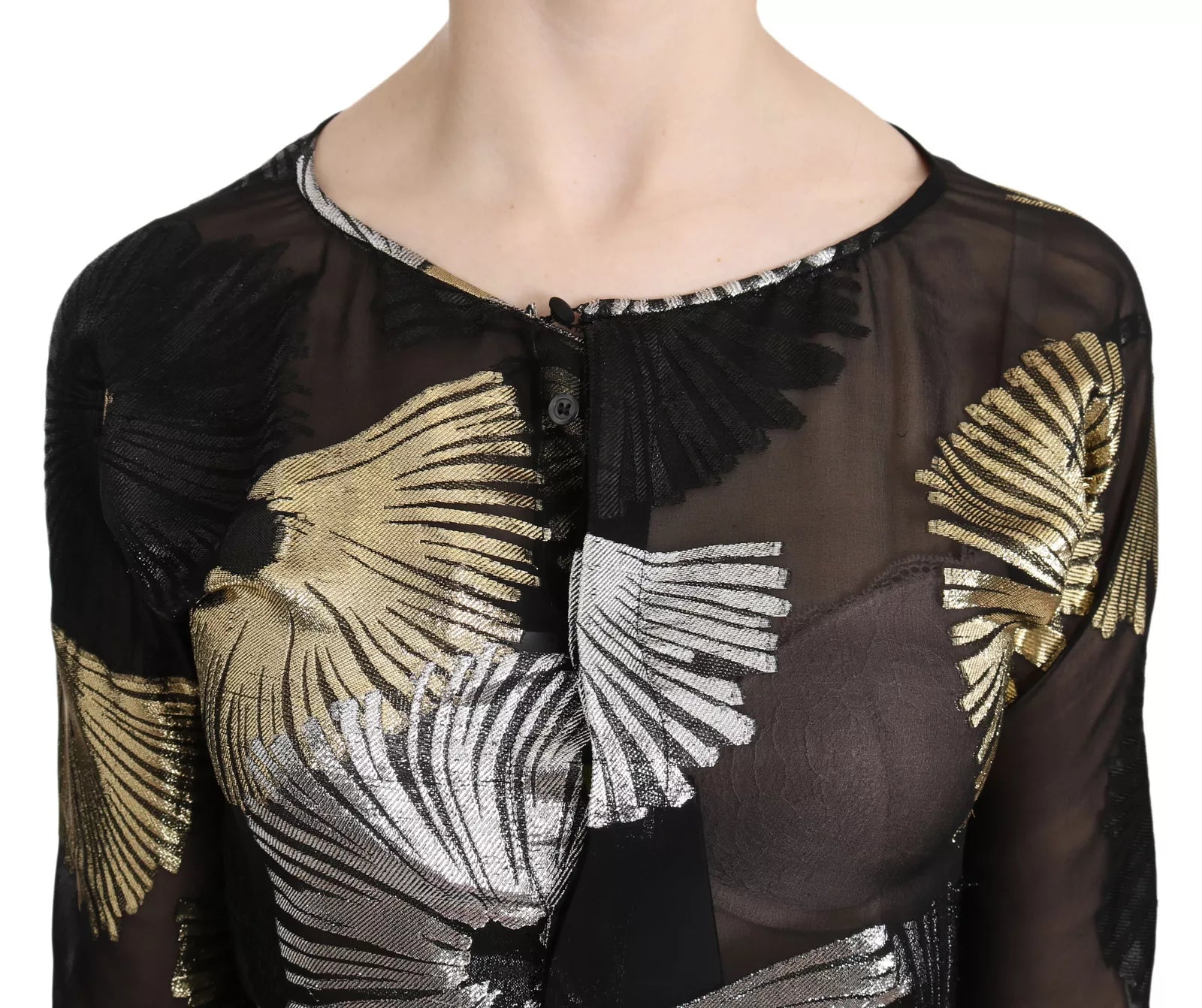Goudkleurige, doorschijnende zijden jacquard blouse