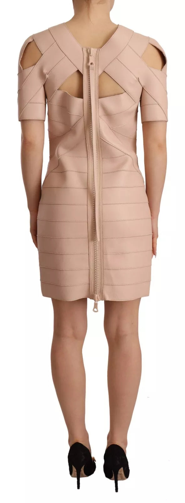 Beige leren open schouder mantel mini-jurk