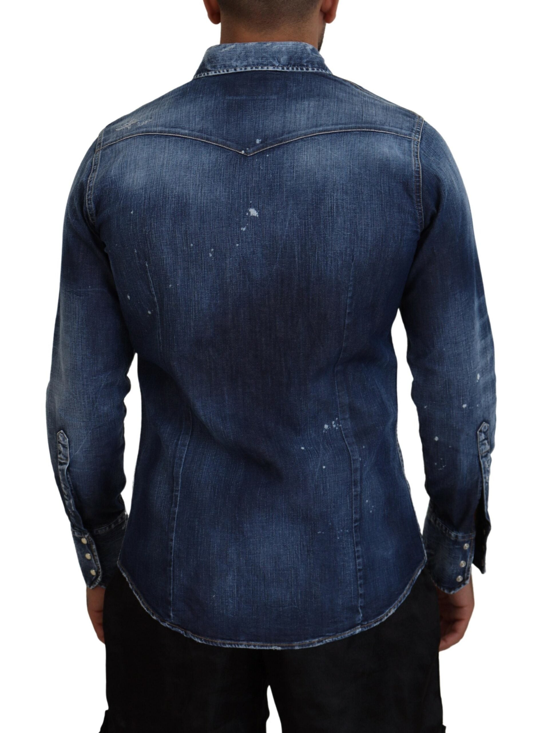 Blauw gewassen Goth Surfer Print Heren Denim Overhemd
