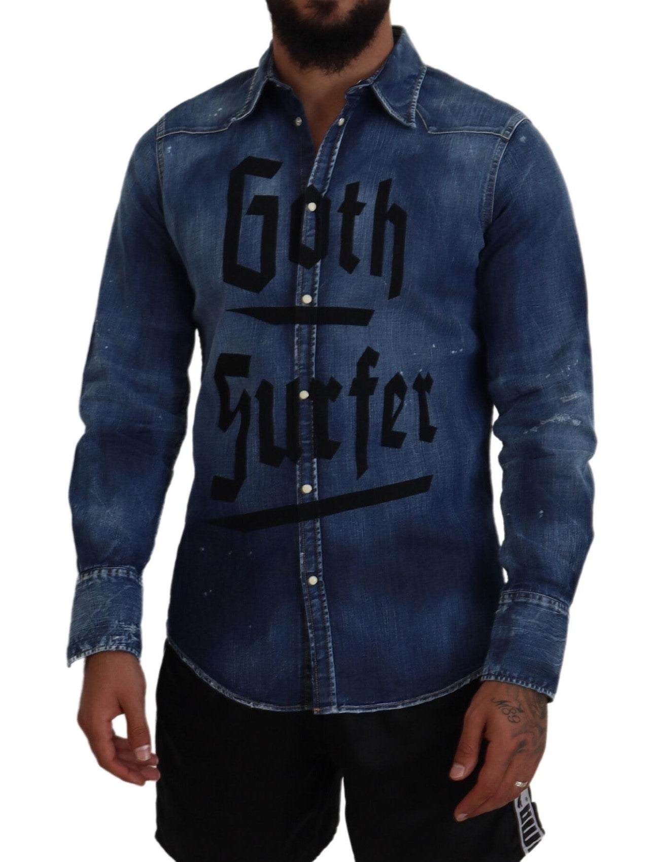 Blauw gewassen Goth Surfer Print Heren Denim Overhemd