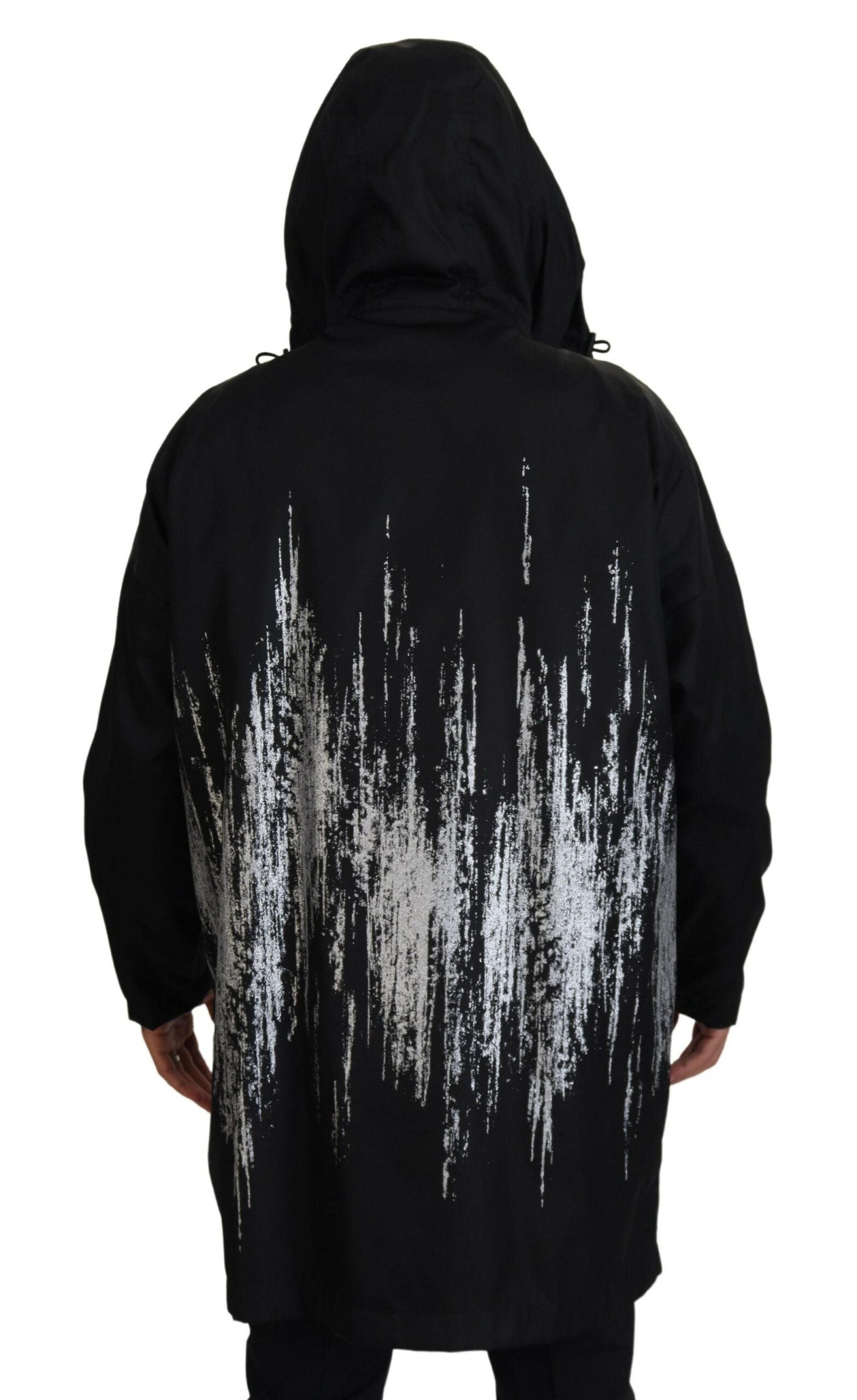 Zwart-witte print lange capuchonjas nylon jas