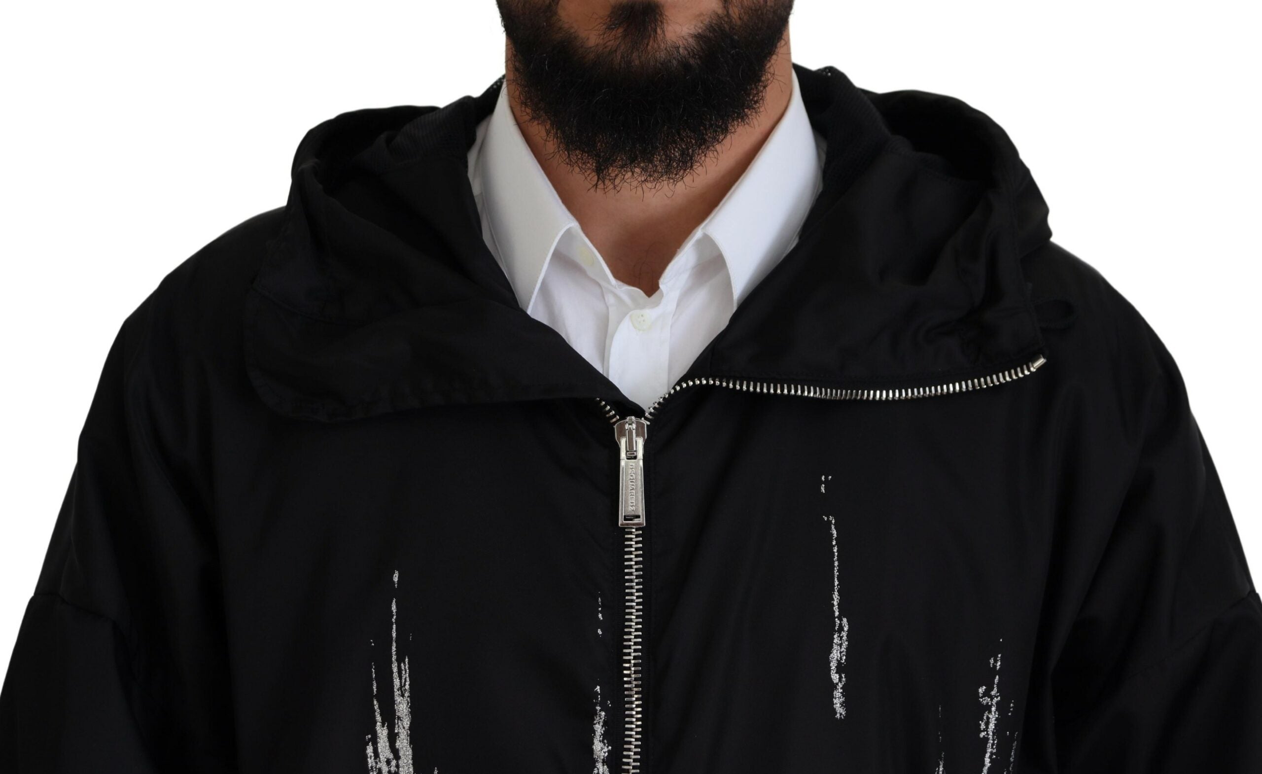 Zwart-witte print lange capuchonjas nylon jas
