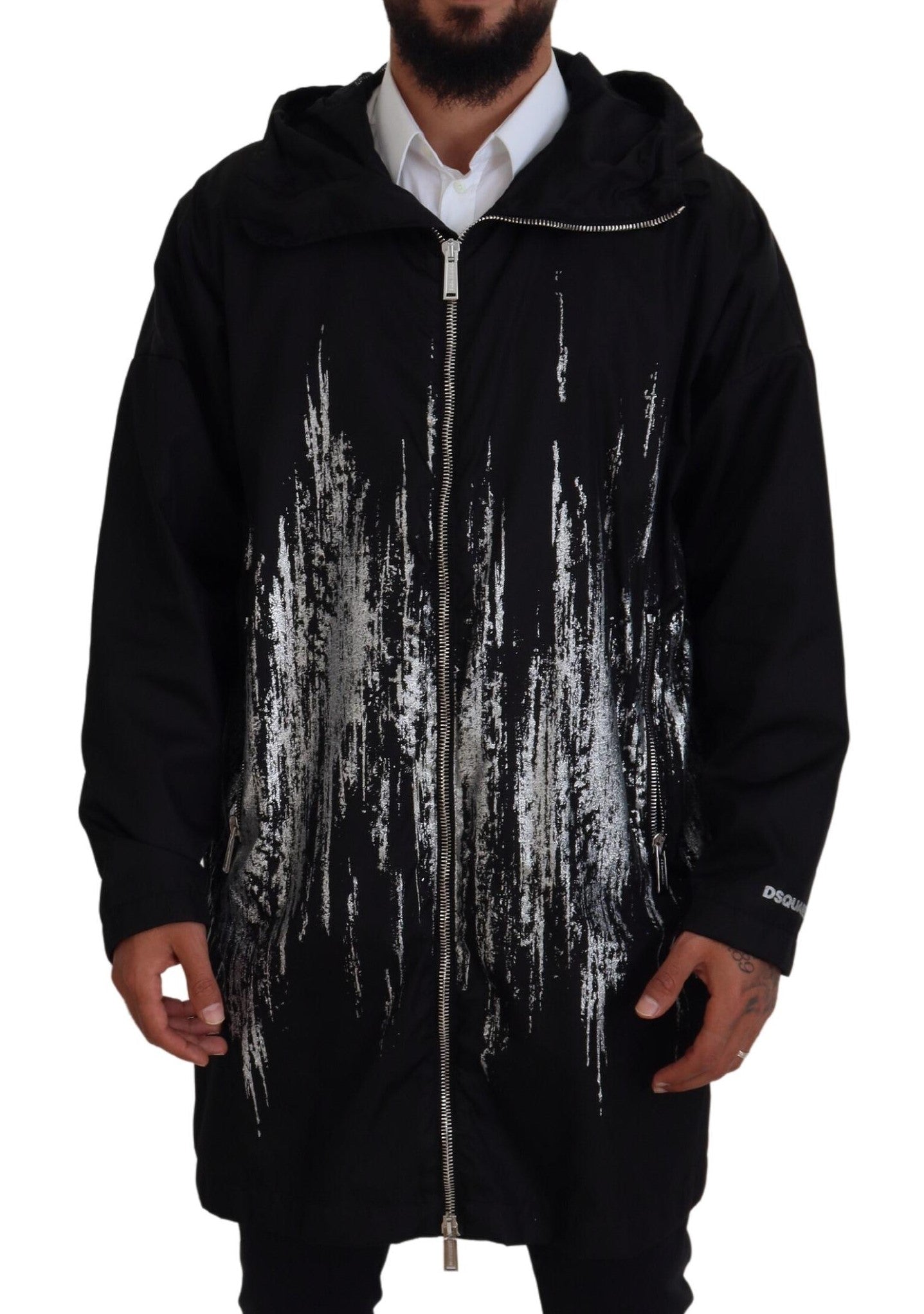 Zwart-witte print lange capuchonjas nylon jas
