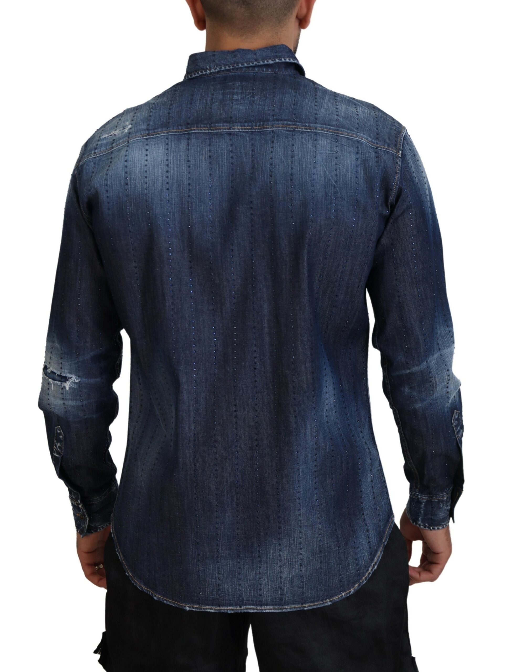 Blauw denim overhemd met gehavende kristallen