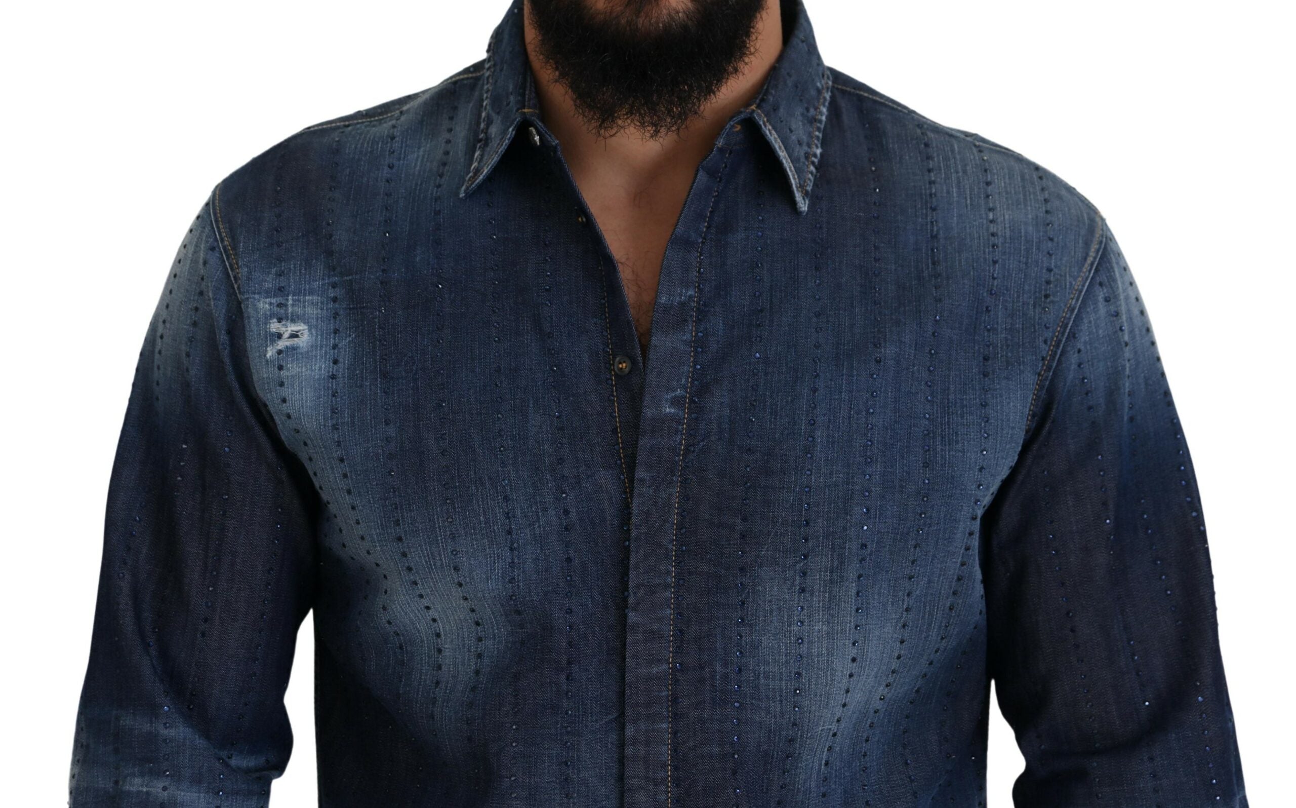 Blauw denim overhemd met gehavende kristallen