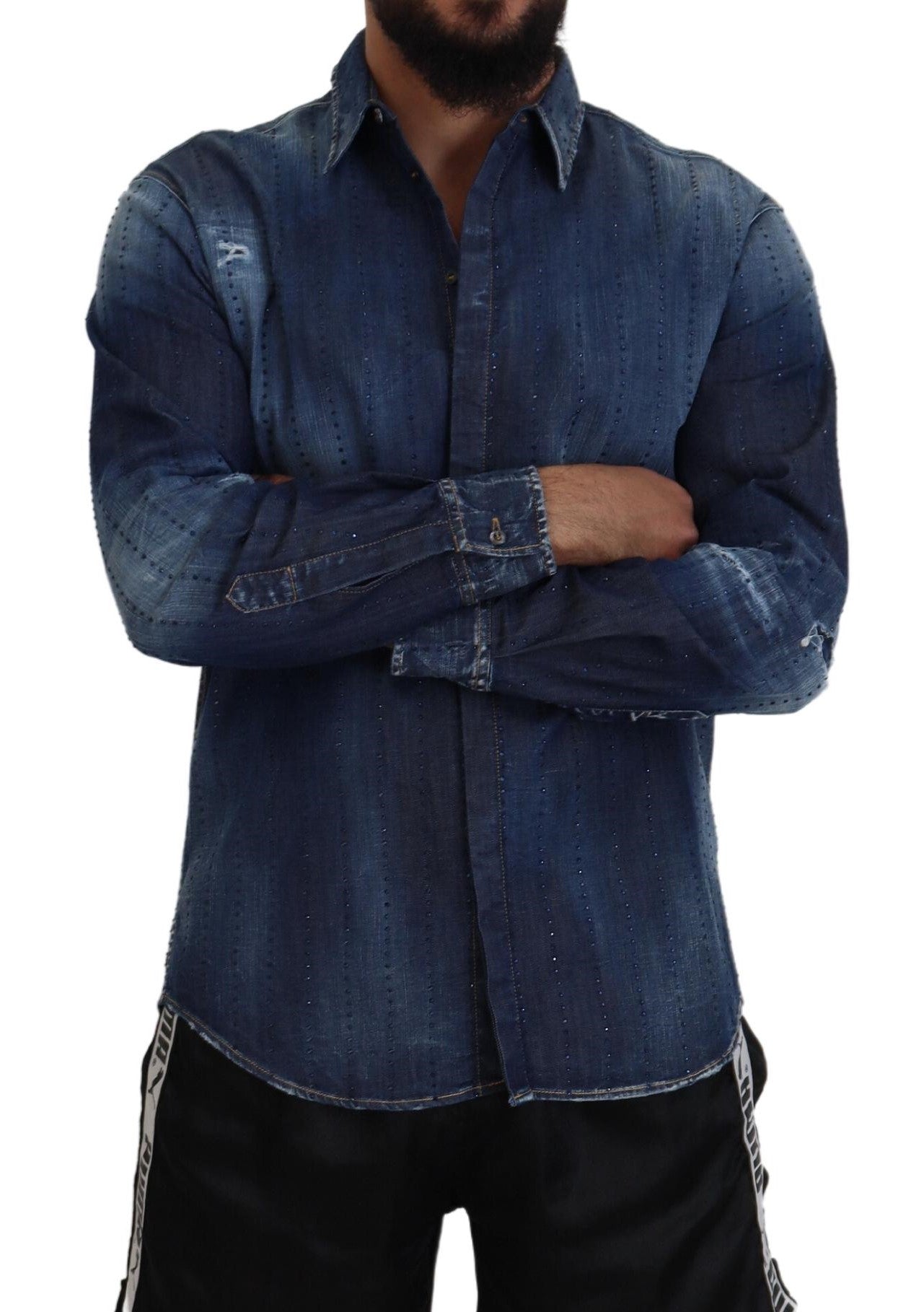 Blauw denim overhemd met gehavende kristallen