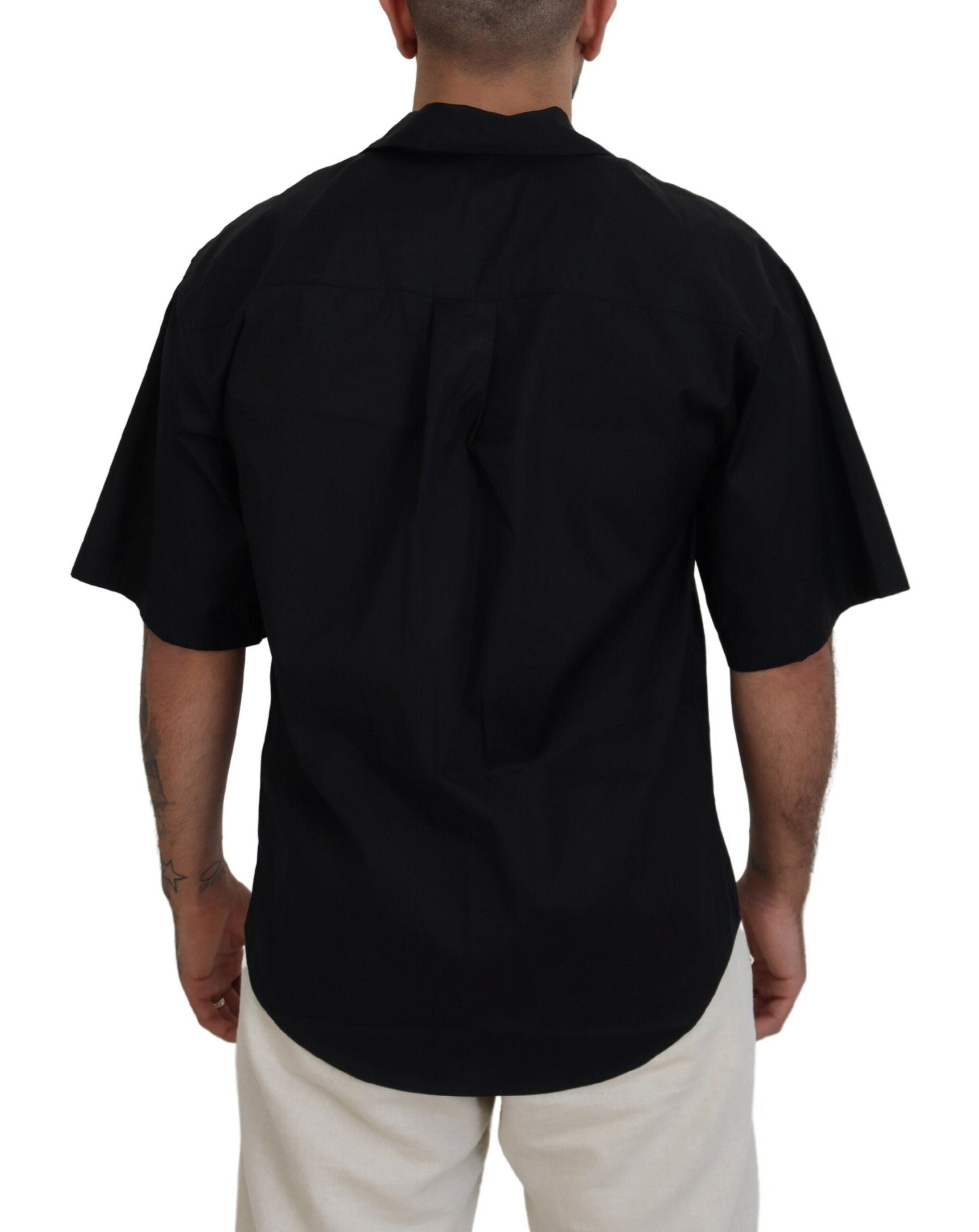 Zwart katoenen overhemd met kraag en logoprint en korte mouwen