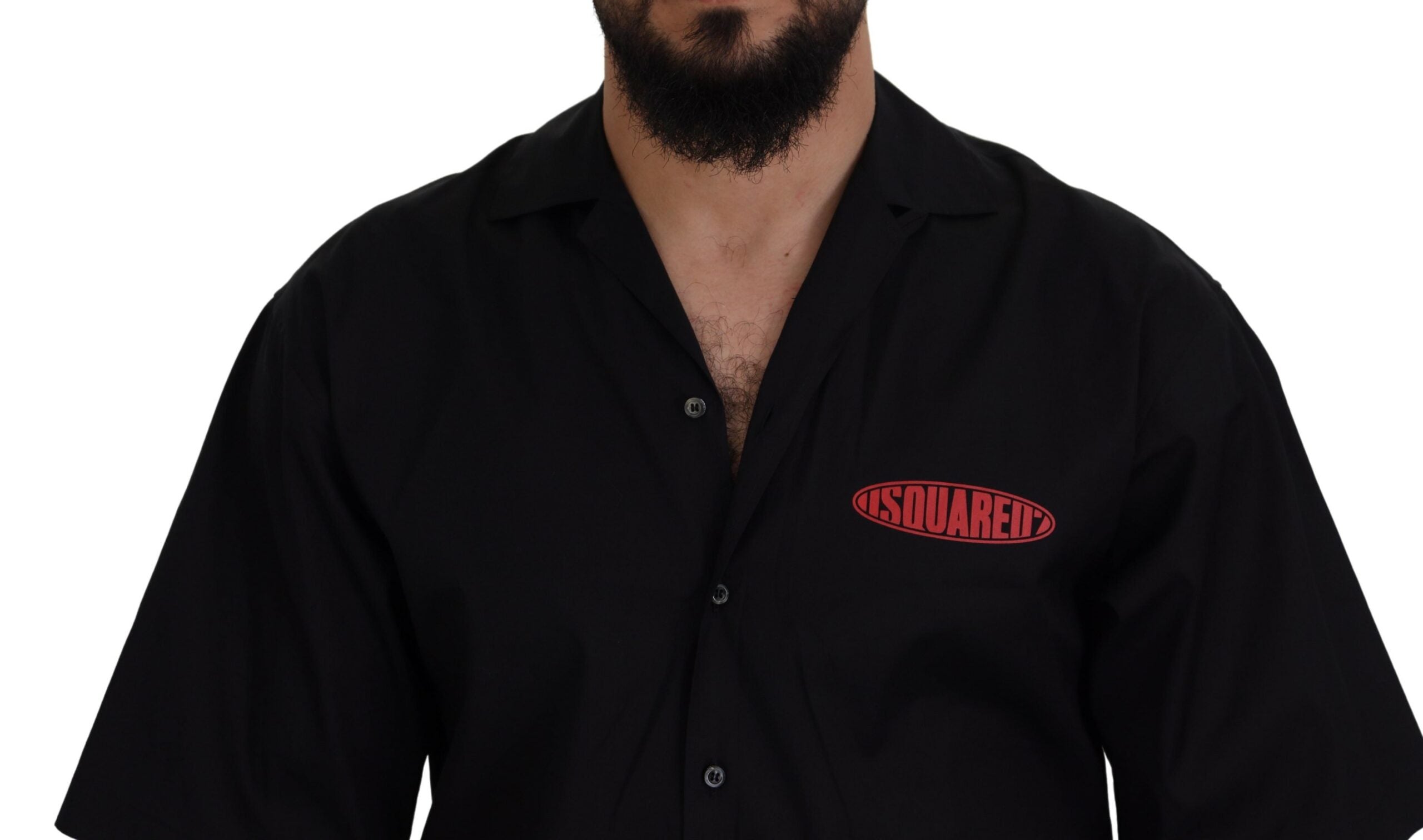 Zwart katoenen overhemd met kraag en logoprint en korte mouwen