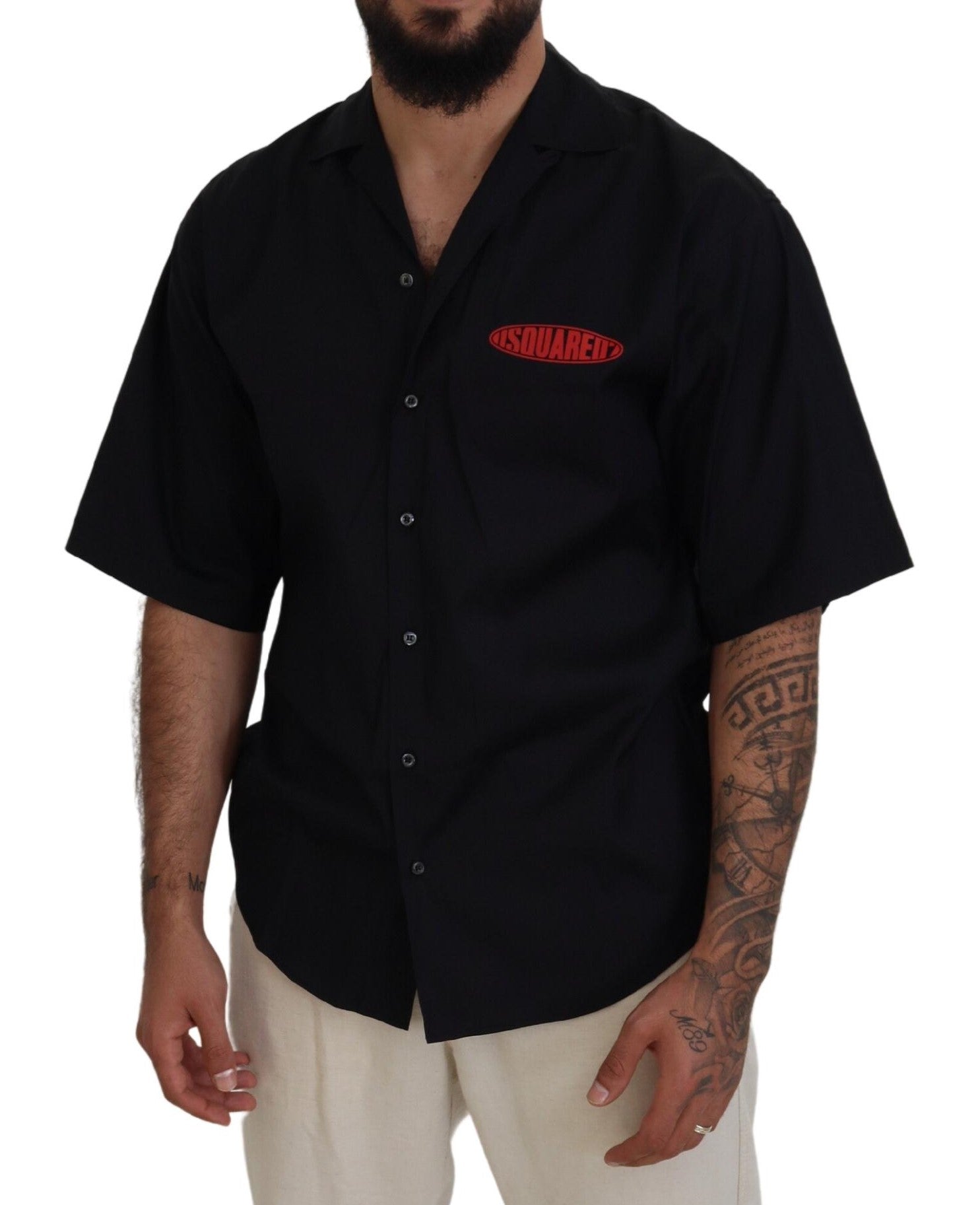 Zwart katoenen overhemd met kraag en logoprint en korte mouwen