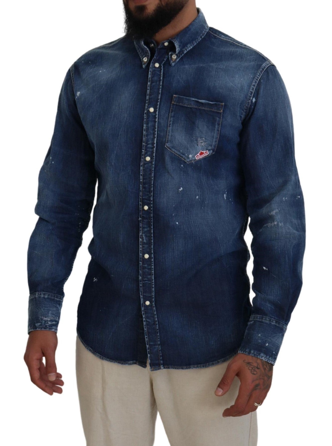 Blauw gewassen overhemd met kraag voor heren, casual, lange mouwen