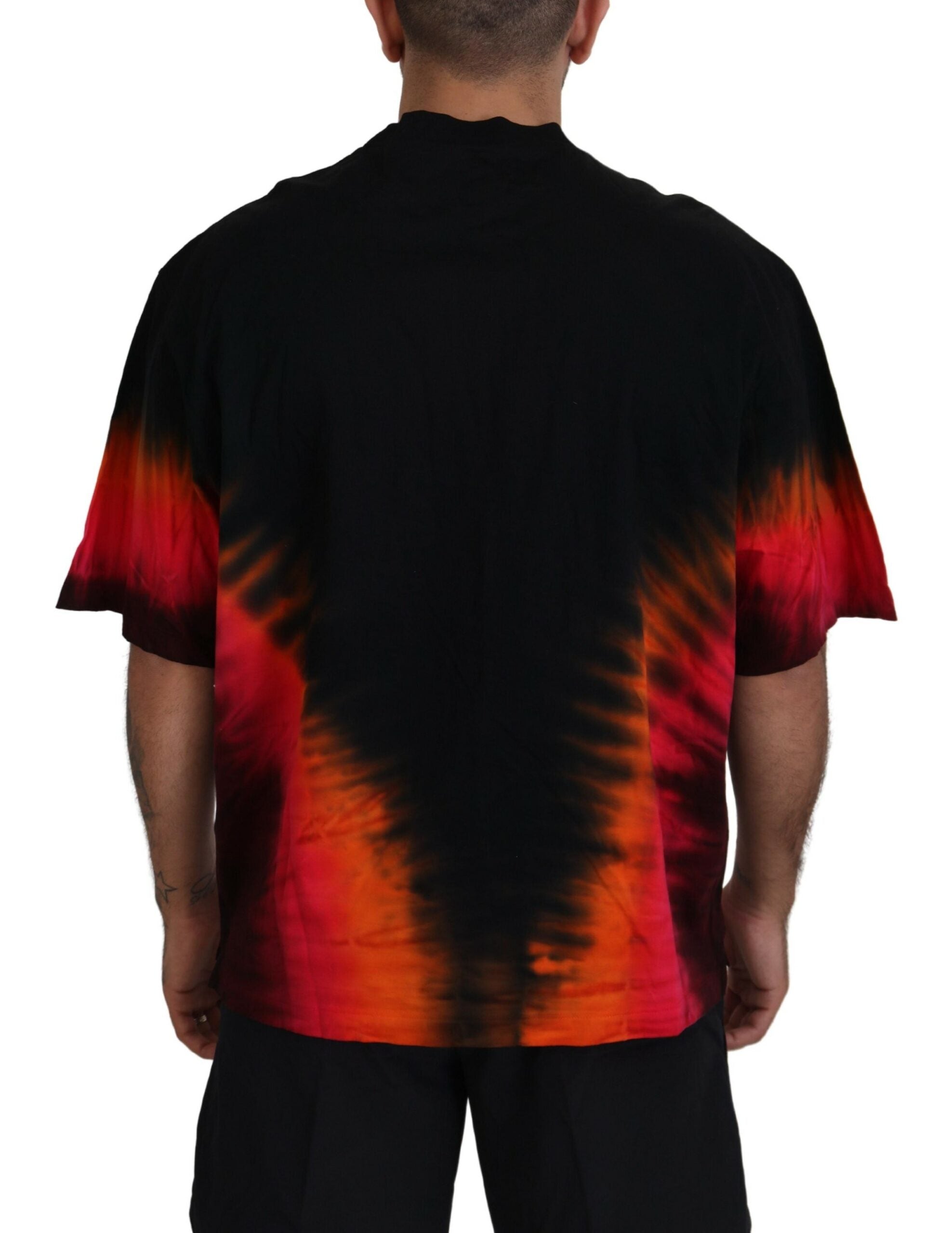 Zwart oranje katoenen T-shirt met korte mouwen en ronde hals
