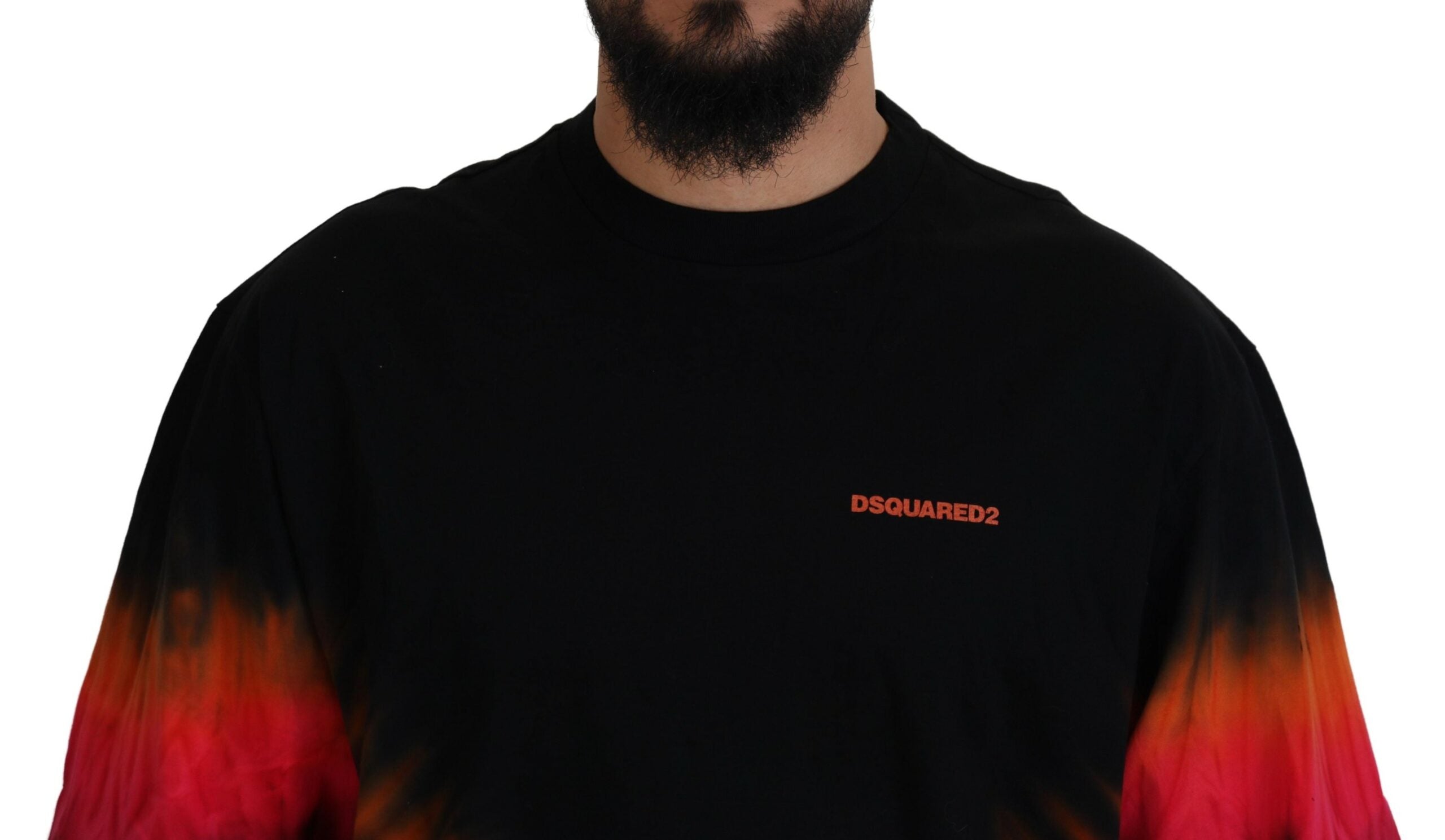 Zwart oranje katoenen T-shirt met korte mouwen en ronde hals