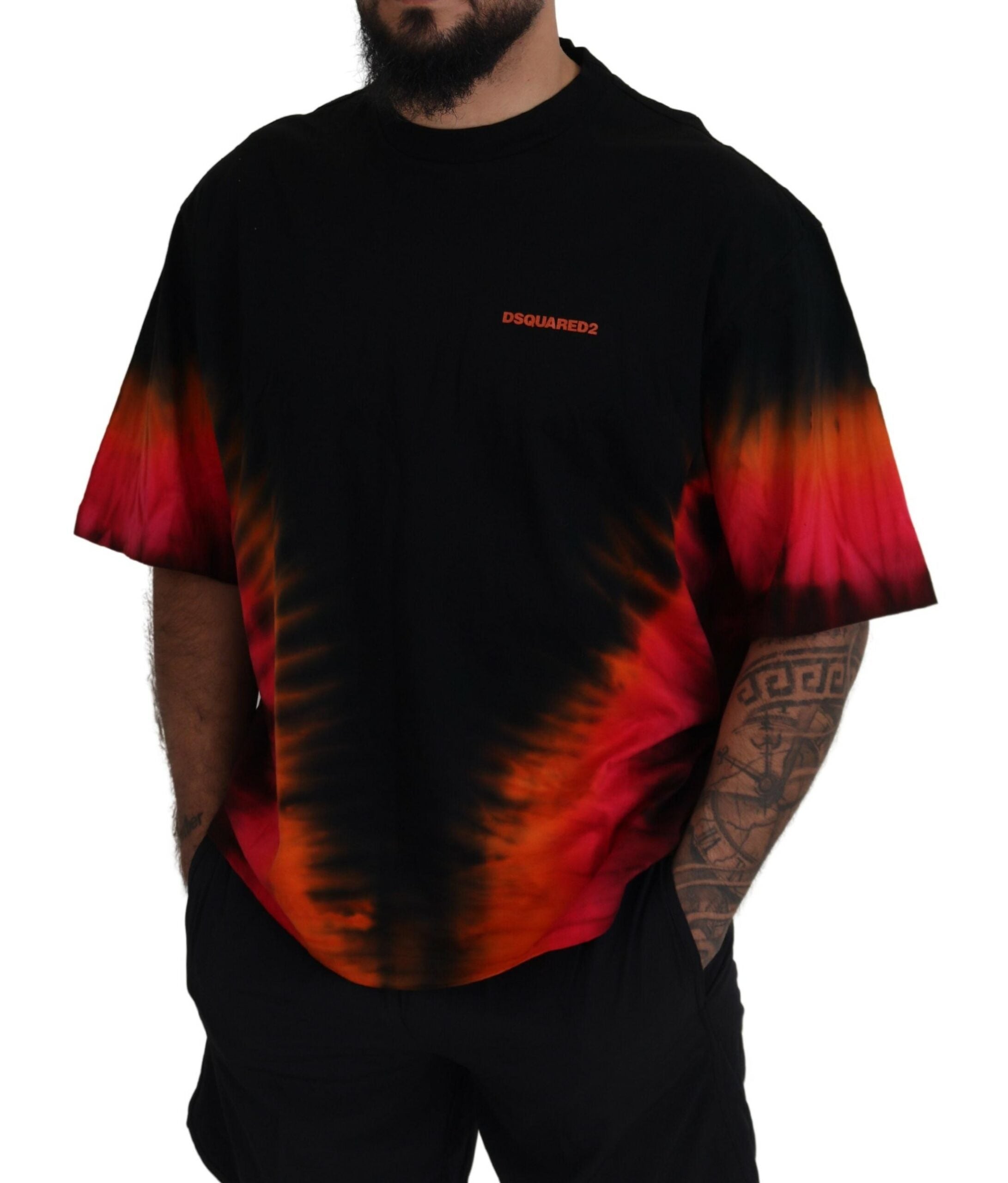 Zwart oranje katoenen T-shirt met korte mouwen en ronde hals