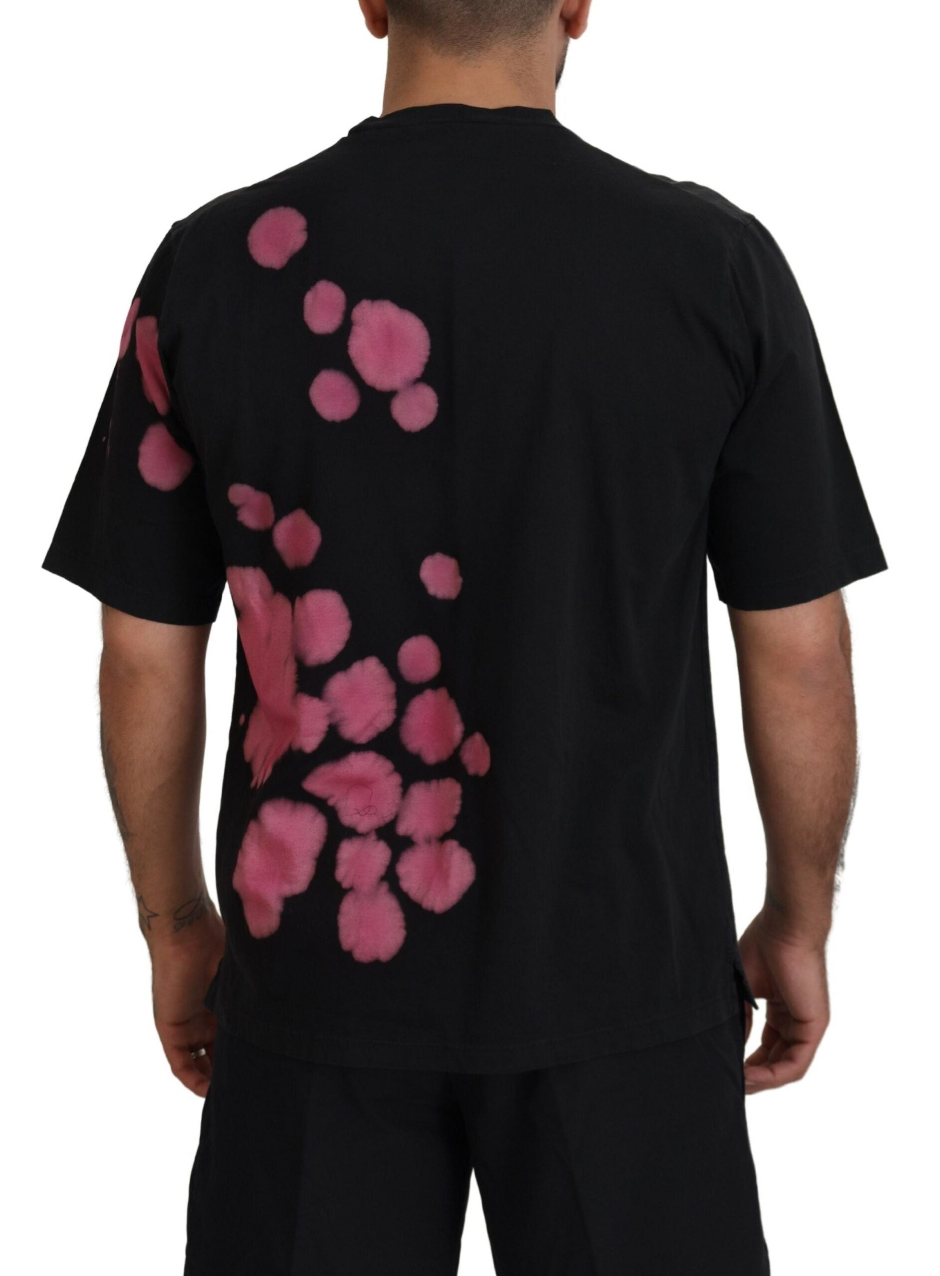 Zwart roze katoenen T-shirt met korte mouwen en ronde hals