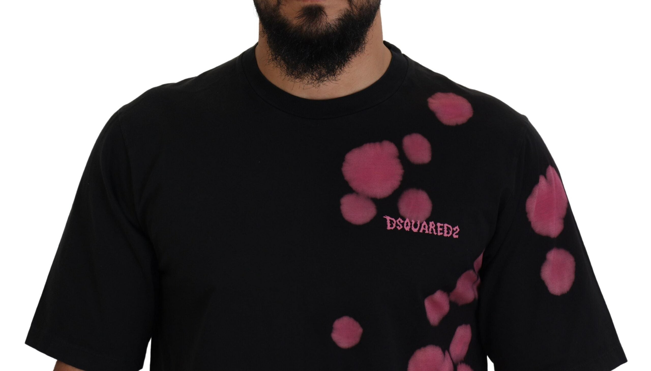 Zwart roze katoenen T-shirt met korte mouwen en ronde hals