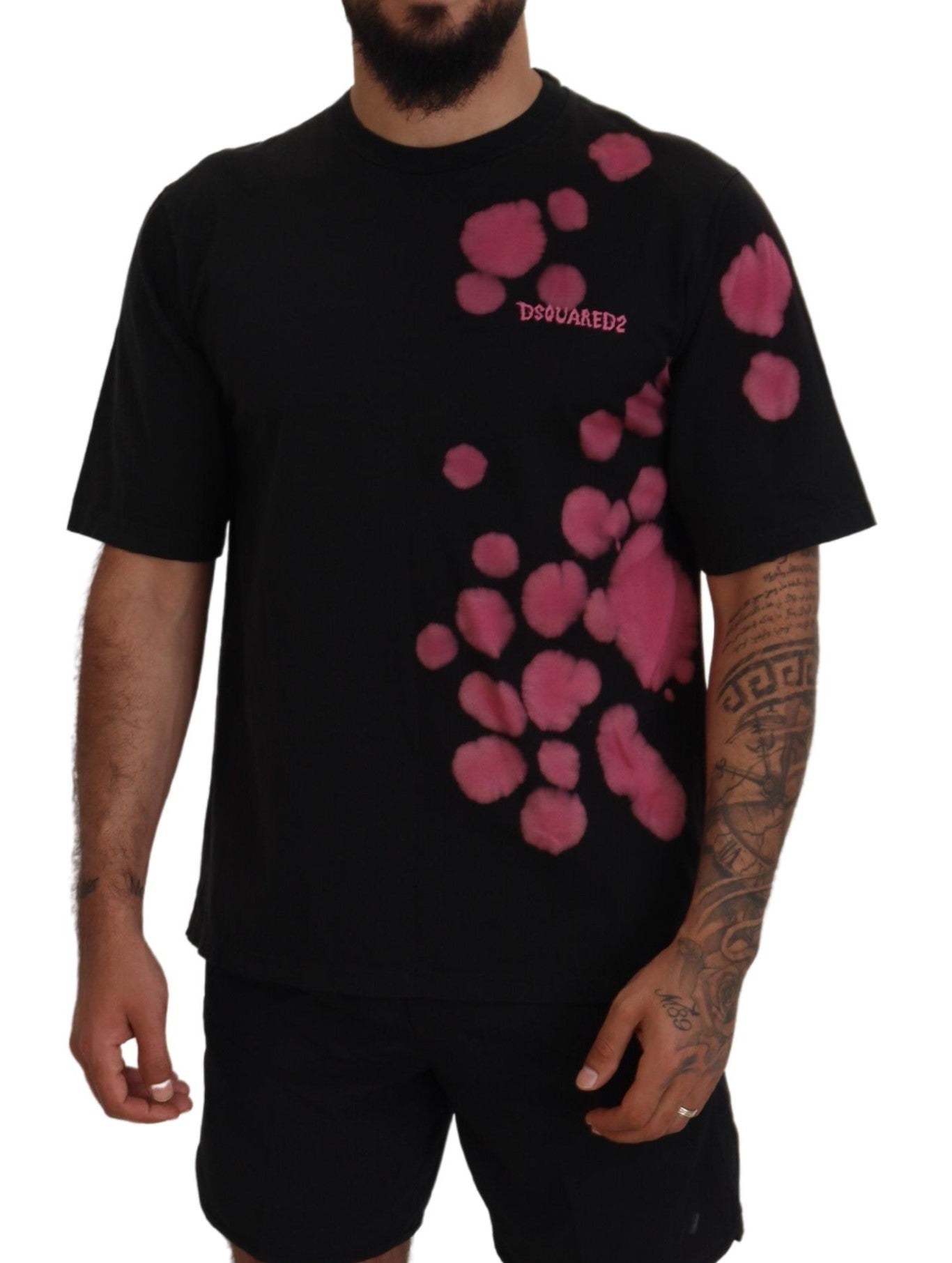 Zwart roze katoenen T-shirt met korte mouwen en ronde hals