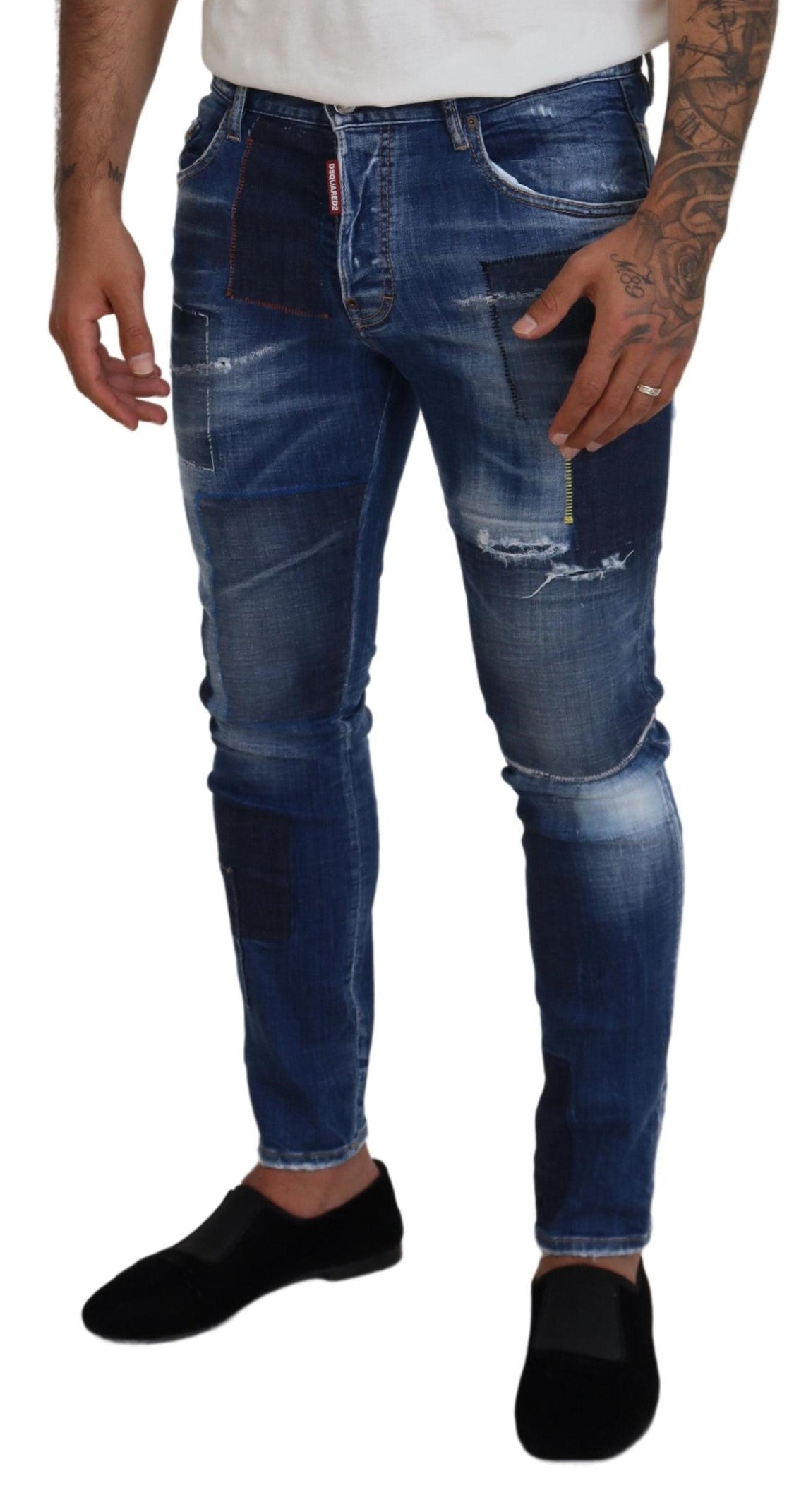 Blauwe gewassen patchwork skinny heren denim jeans