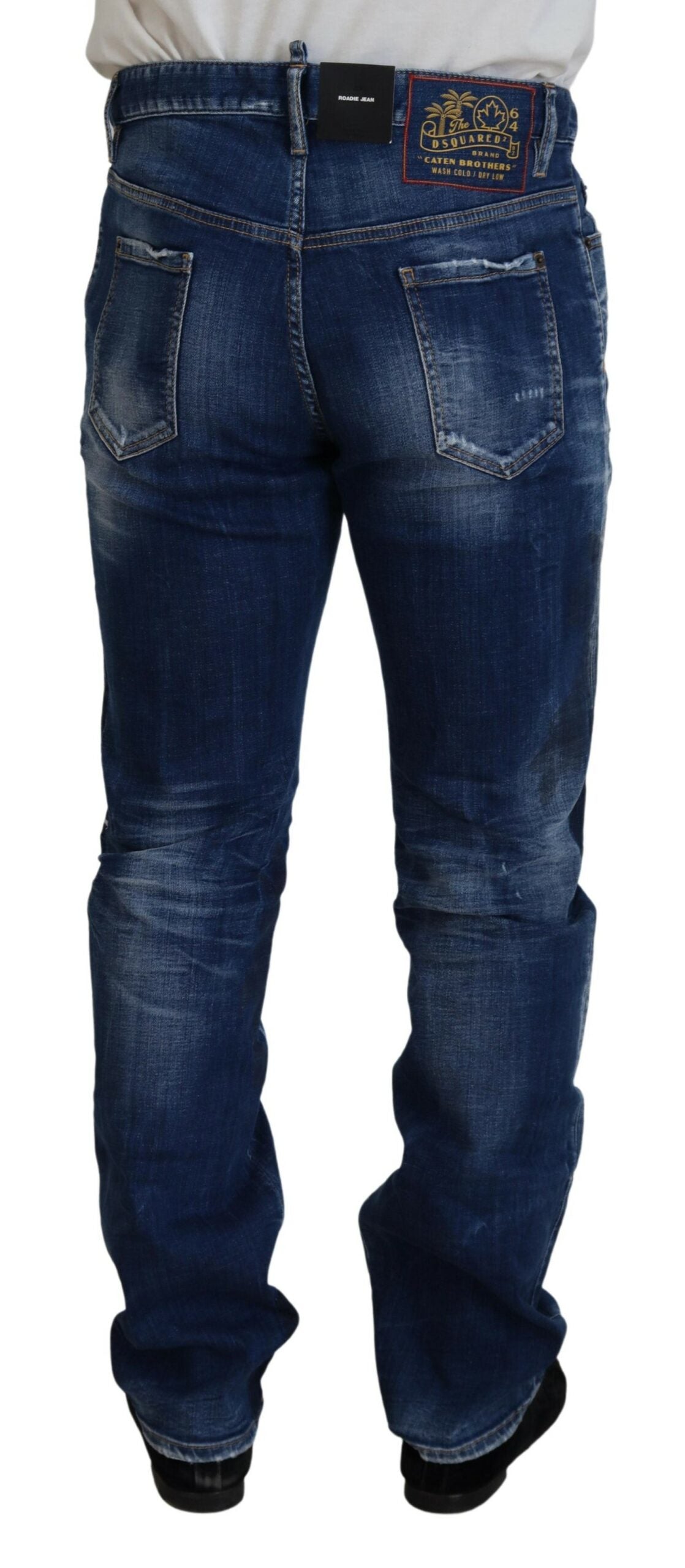 Blauwe gewassen patchwork straight fit denim jeans