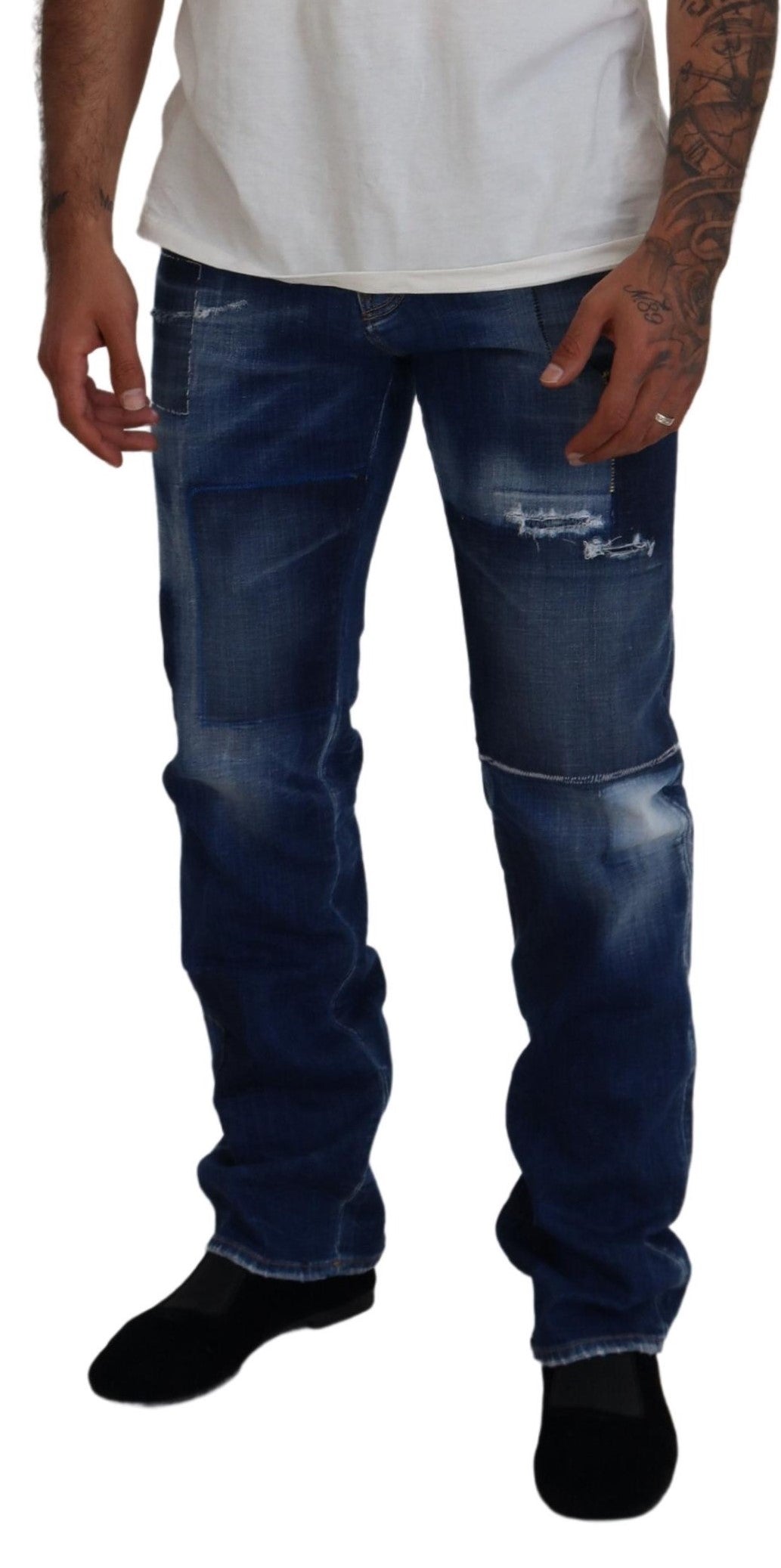 Blauwe gewassen patchwork straight fit denim jeans
