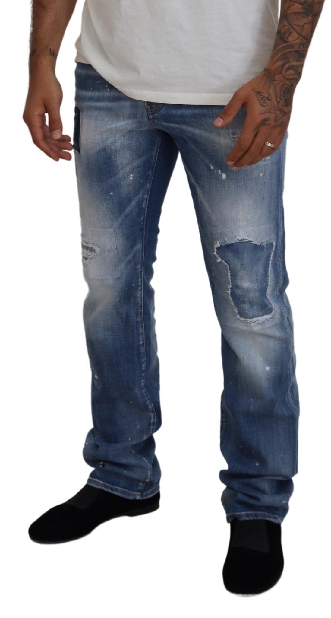 Blauwe gewassen gescheurde rechte jeans met casual pasvorm