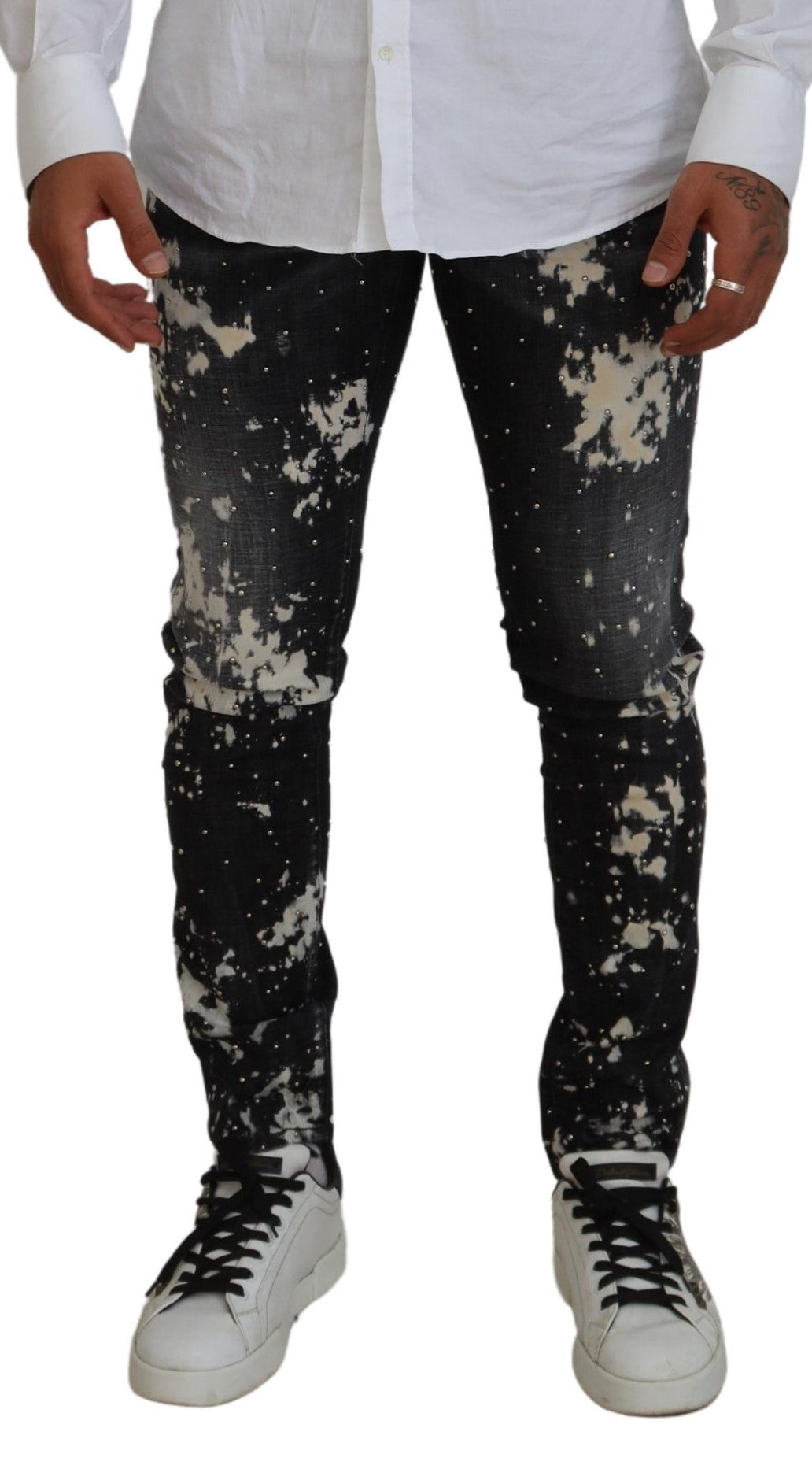 Zwart gewassen witte kleurspatten casual denim jeans
