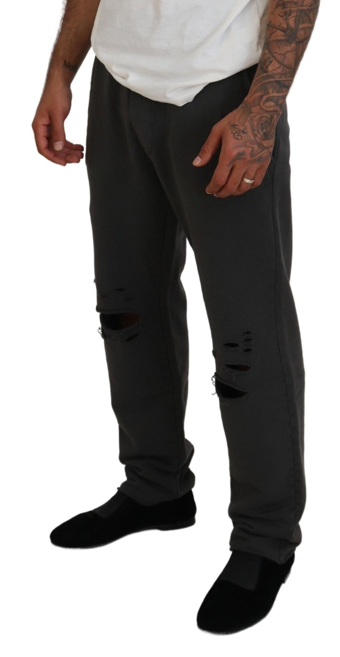 Donkergrijze katoenen heren casual gescheurde broek