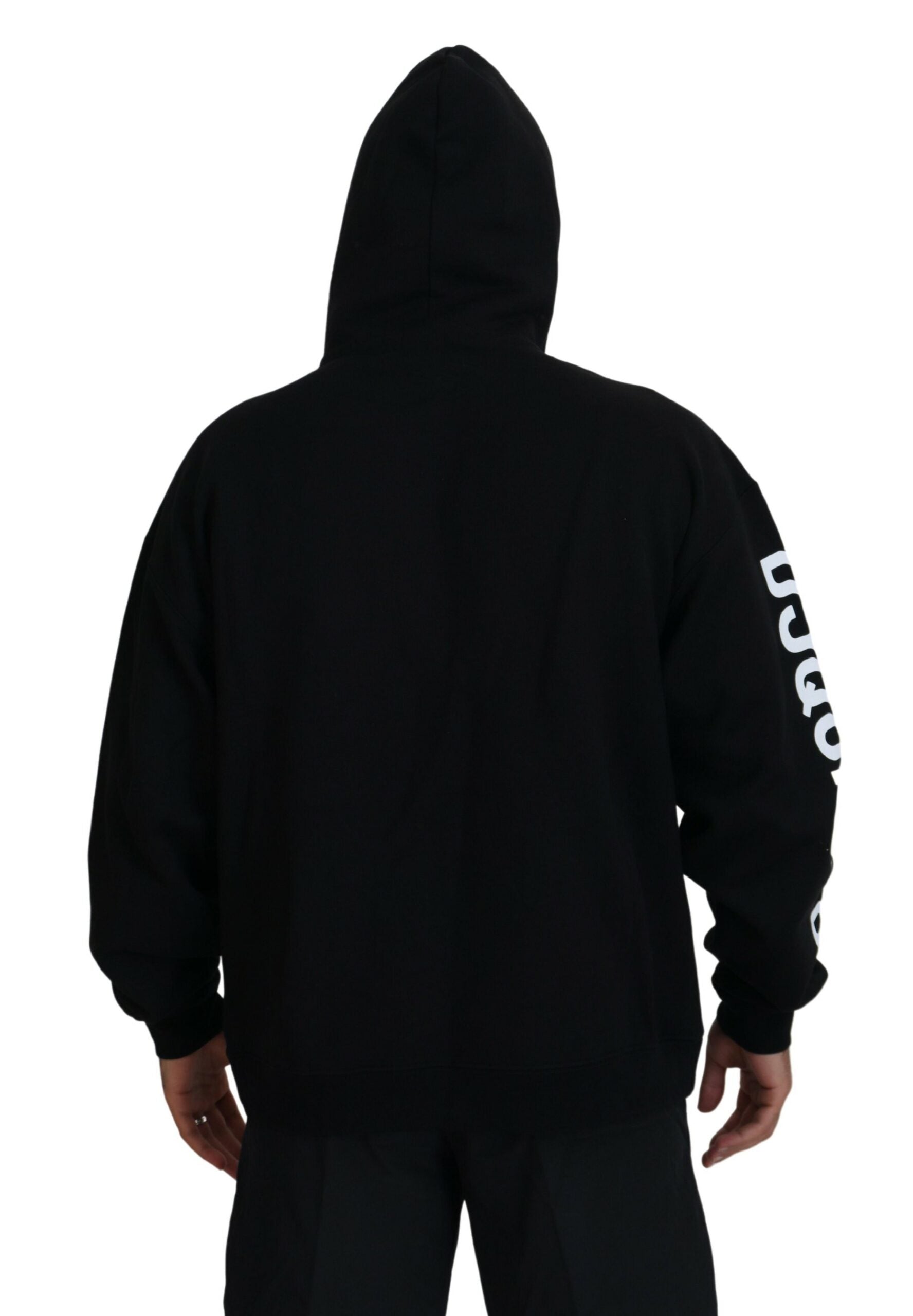 Zwarte hoodie met capuchon, volledige ritssluiting en bedrukte mouwen
