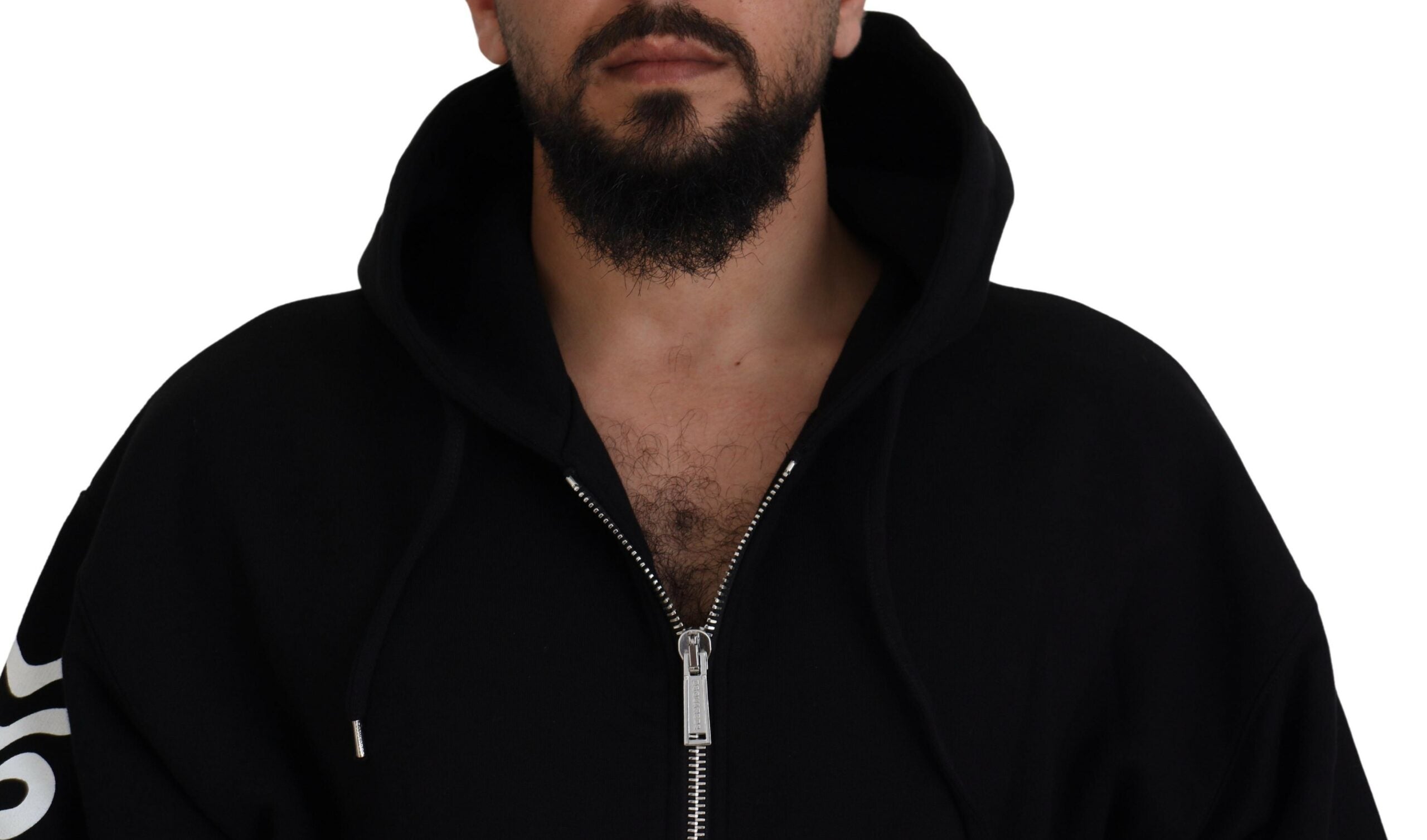 Zwarte hoodie met capuchon, volledige ritssluiting en bedrukte mouwen