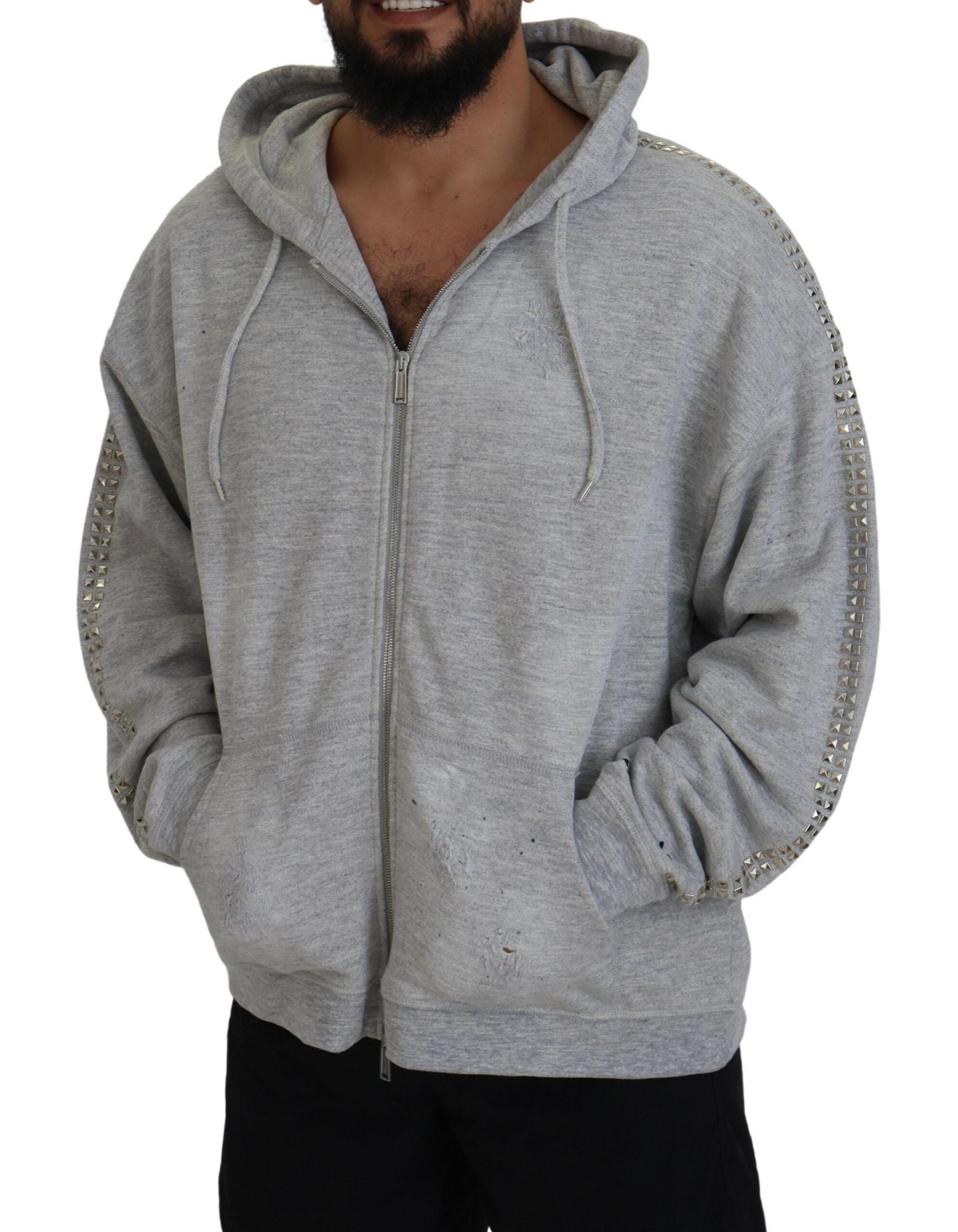 Grijze hoodie met capuchon en kristallen versiering