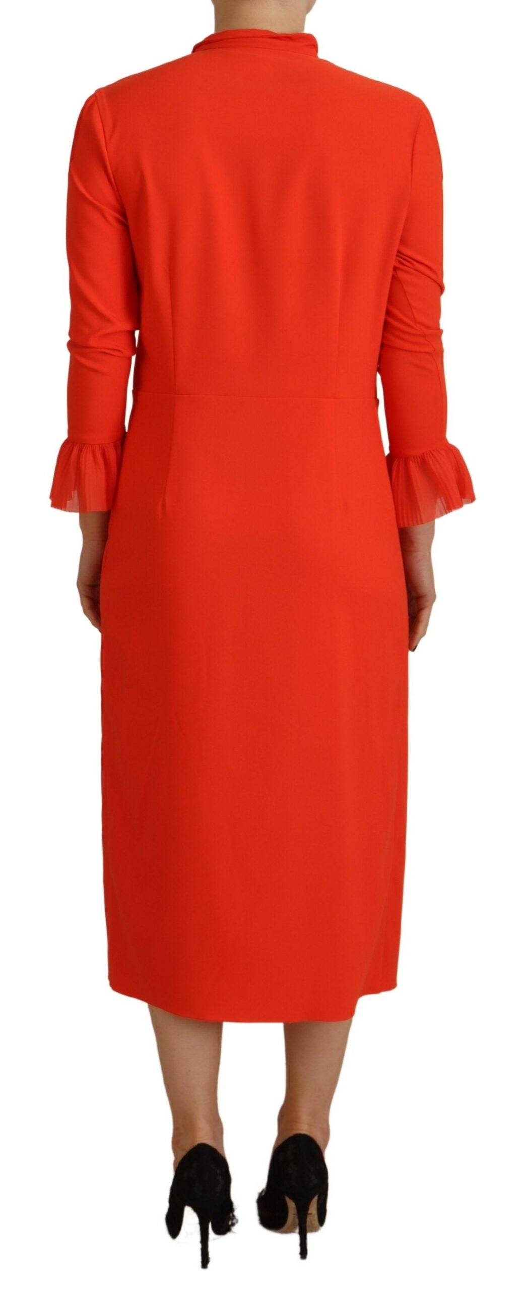 Rode polyester midi-jurk met lange mouwen en plooien