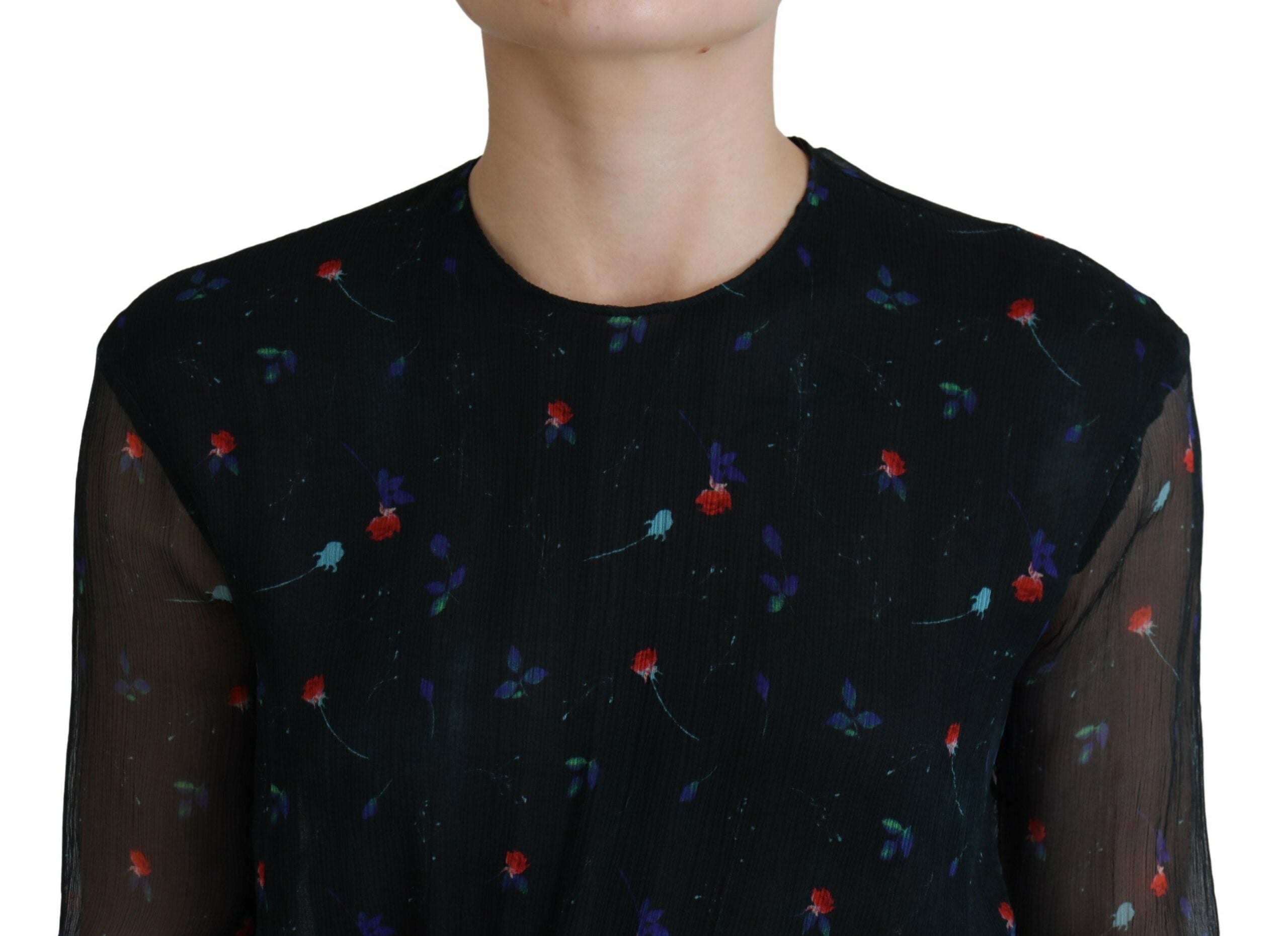 Zwarte zijden mini-jurk met lange mouwen en bloemenprint