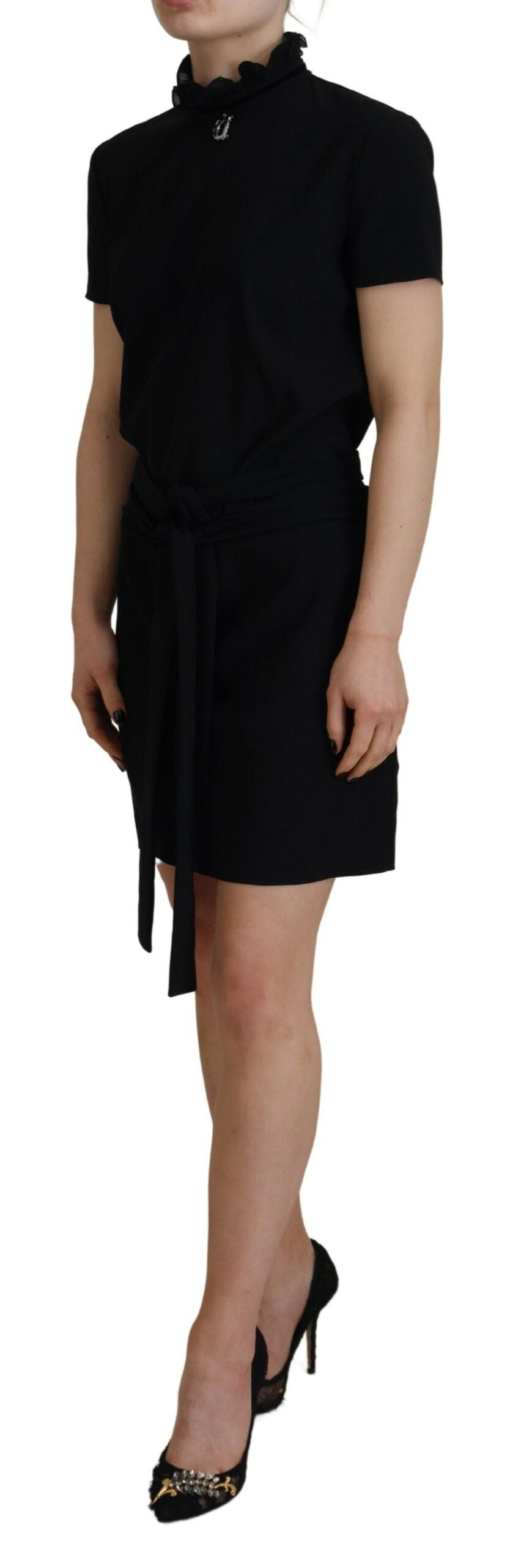 Zwarte polyester korte mouwen mantel mini-jurk